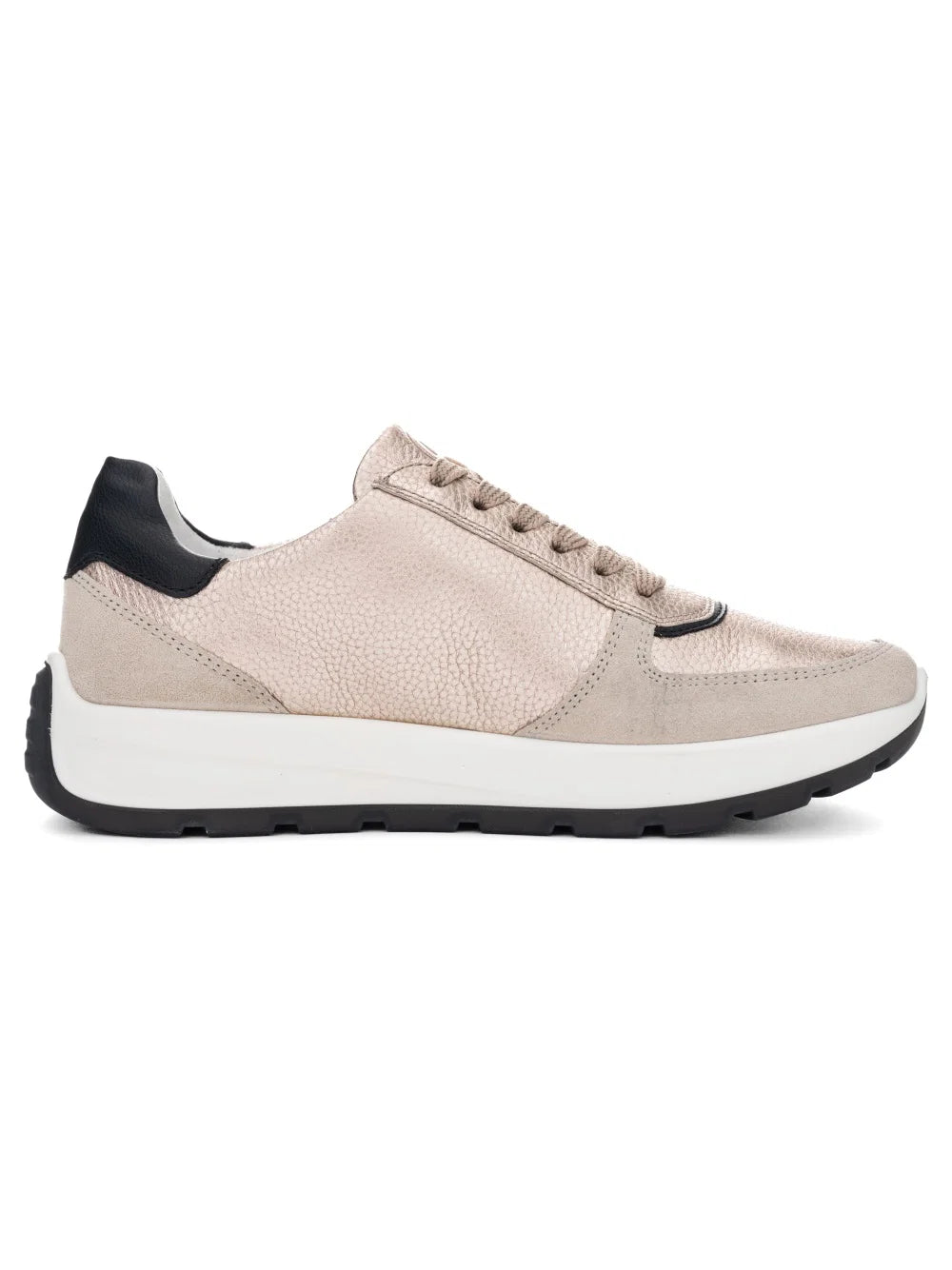 ARA Shoes Nagano Women's Beige and black Sneakers right side view with black and white sole on a white background