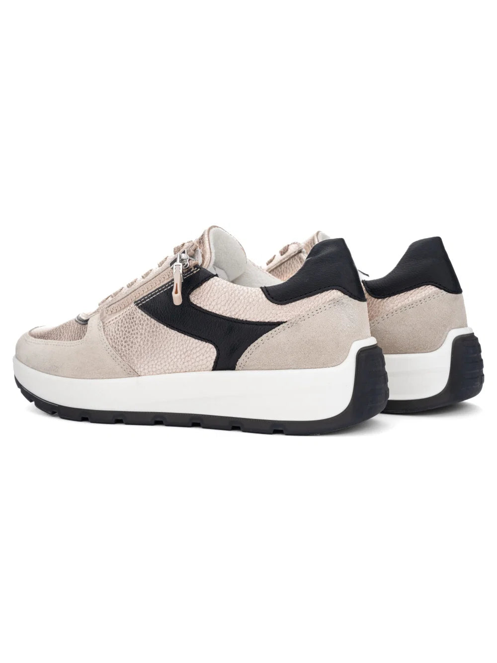 Pair of ARA Shoes Nagano Women's Beige and black Sneakers back side view on a white background