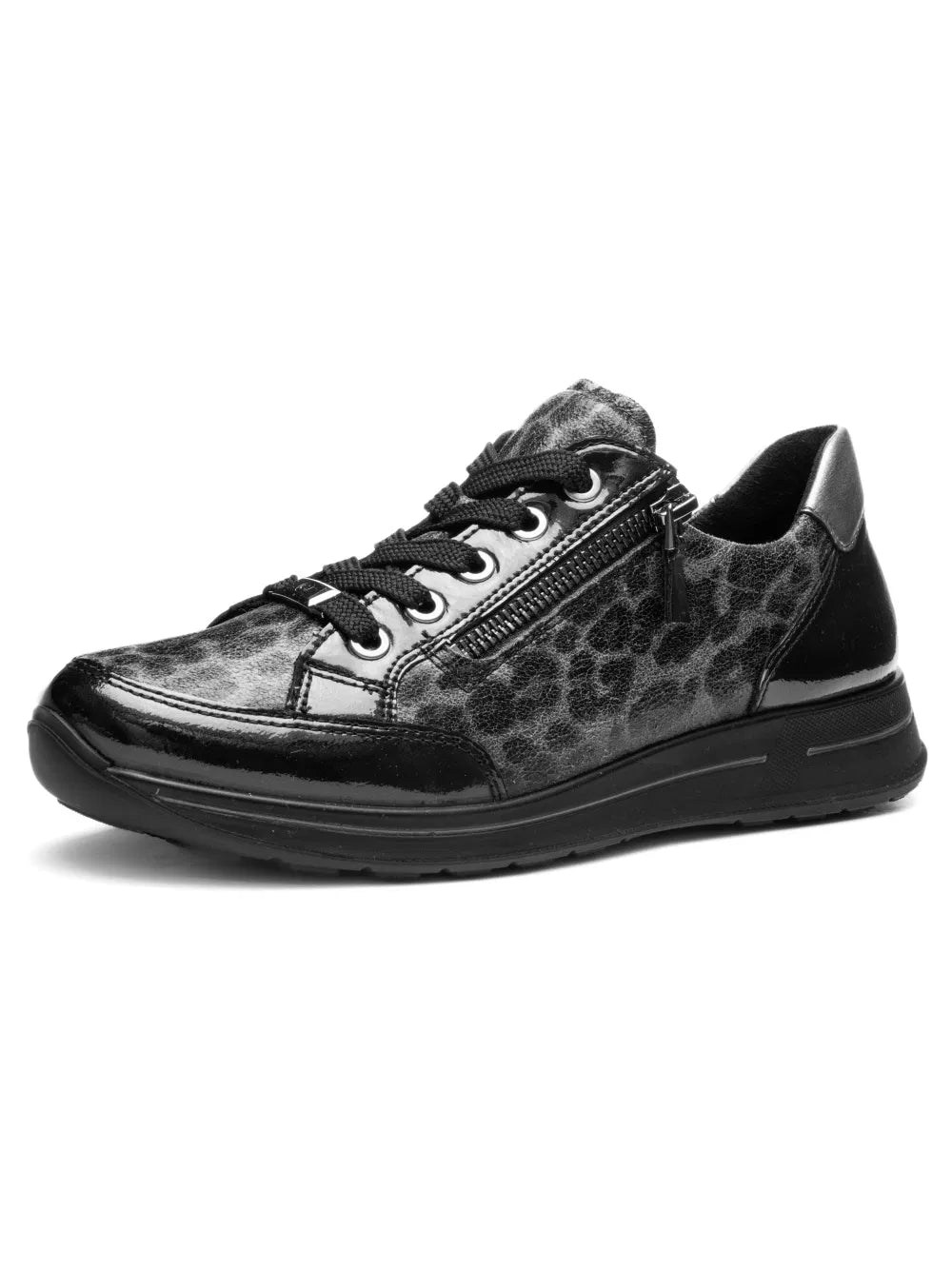 Black and gray sneaker with leopard print pattern on a white background