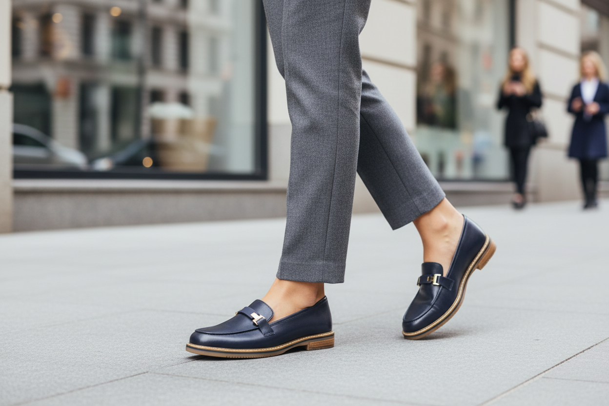 Person wearing Ara Shoes navy loafers and gray pants walking on a city street.