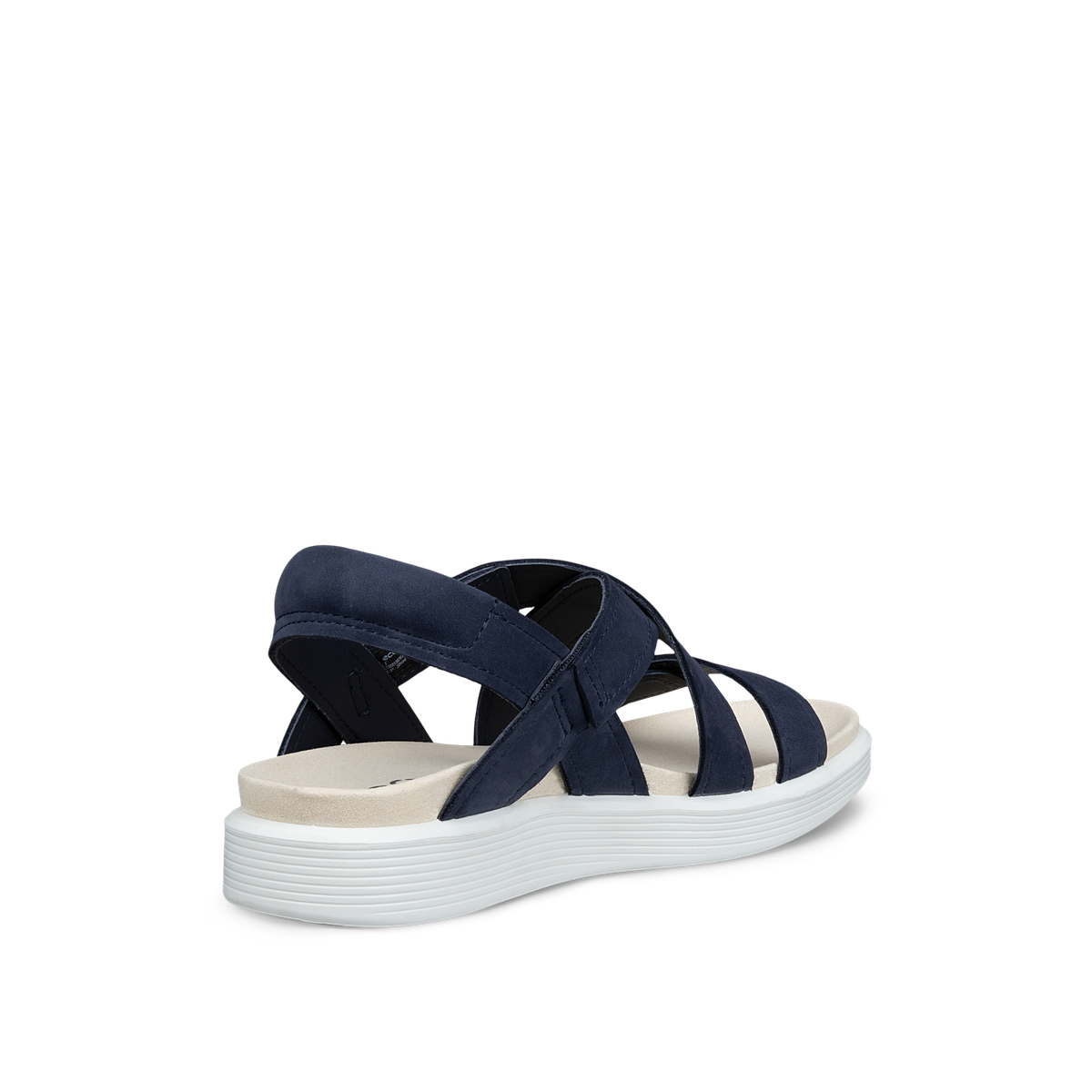 Back view of blue leather comfort ECCO Soft Women's active sandal with cross straps on a white background. Shop Ecco comfort shoes at Foot Sensation online store Canada.