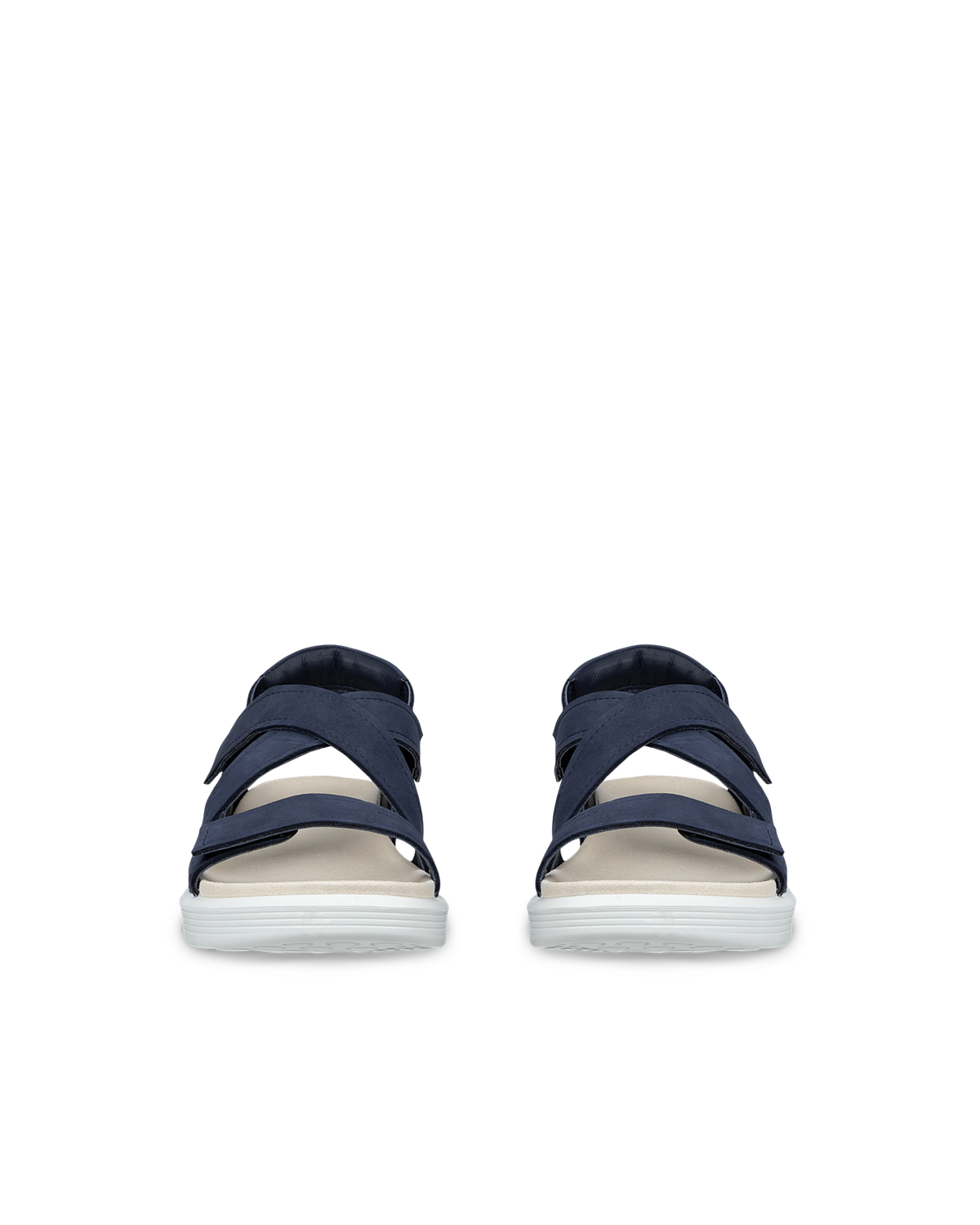 Front view of pair of blue leather comfort ECCO Soft Women's Two Strap everyday sandals with white soles on a white background. Shop Ecco comfort shoes at Foot Sensation online store Canada.