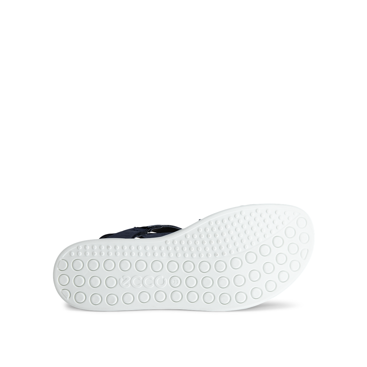 White sole of leather comfort ECCO Soft Womens Two Strap Sandal with a textured pattern on a white background. hop Ecco comfort shoes at Foot Sensation online store Canada.