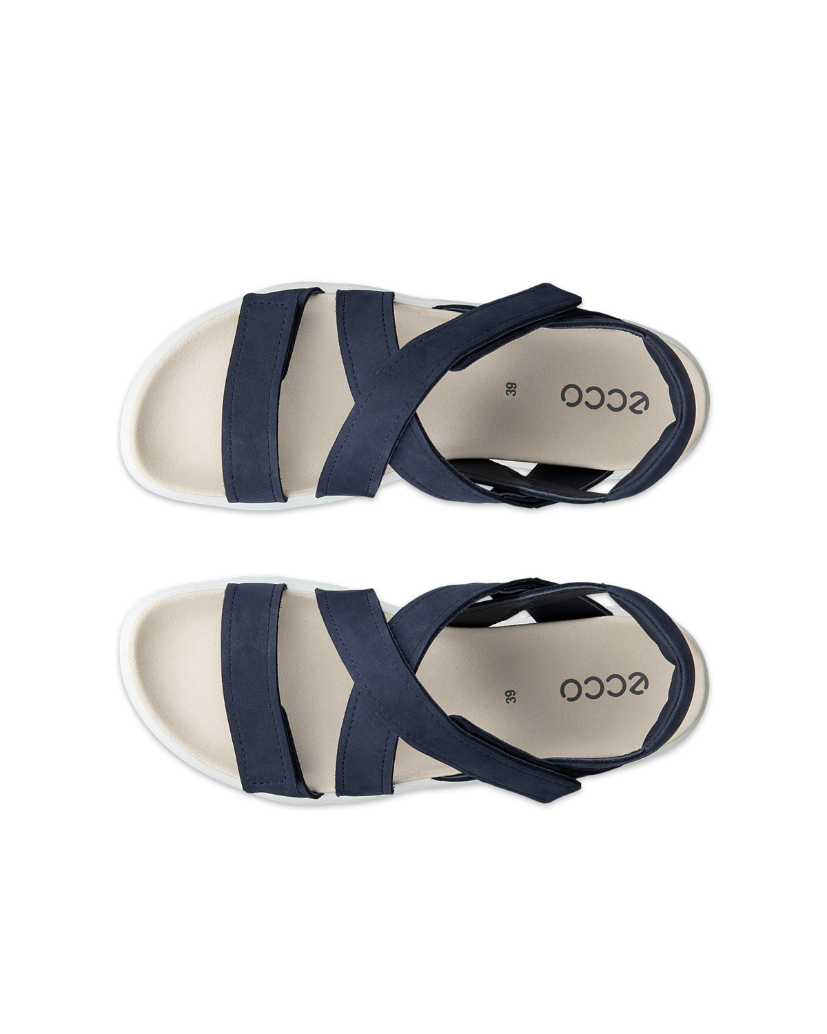 Top view of pair of blue leather comfort ECCO Soft Womens Two Strap walking sandal with white soles on a white background. Shop Ecco comfort shoes at Foot Sensation online store Canada.