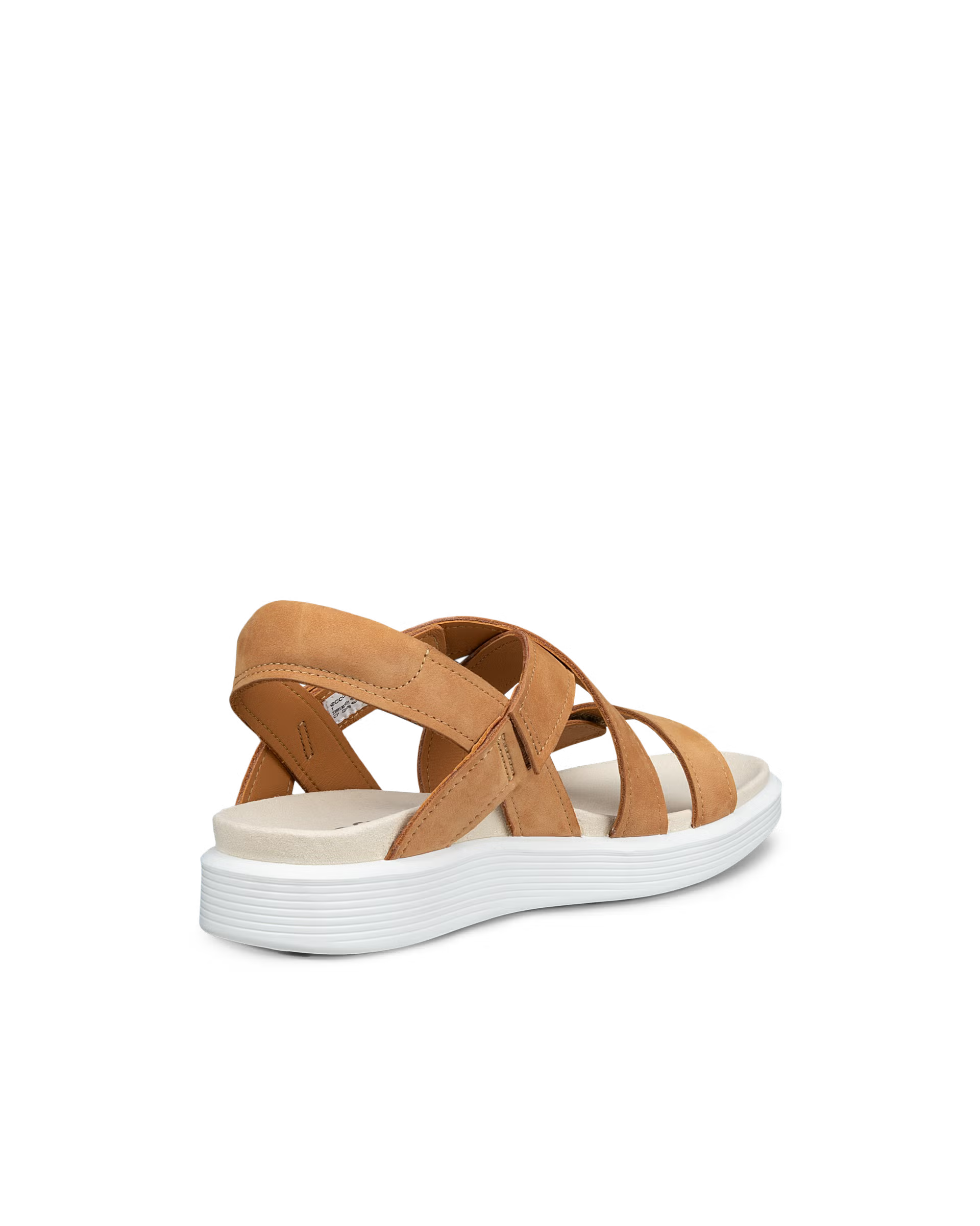 Back side view of brown leather comfort ECCO Soft Womens Two Strap sandal with criss-cross straps with white sole on a transparent background. Shop Ecco shoes at Foot Sensation online store Canada.