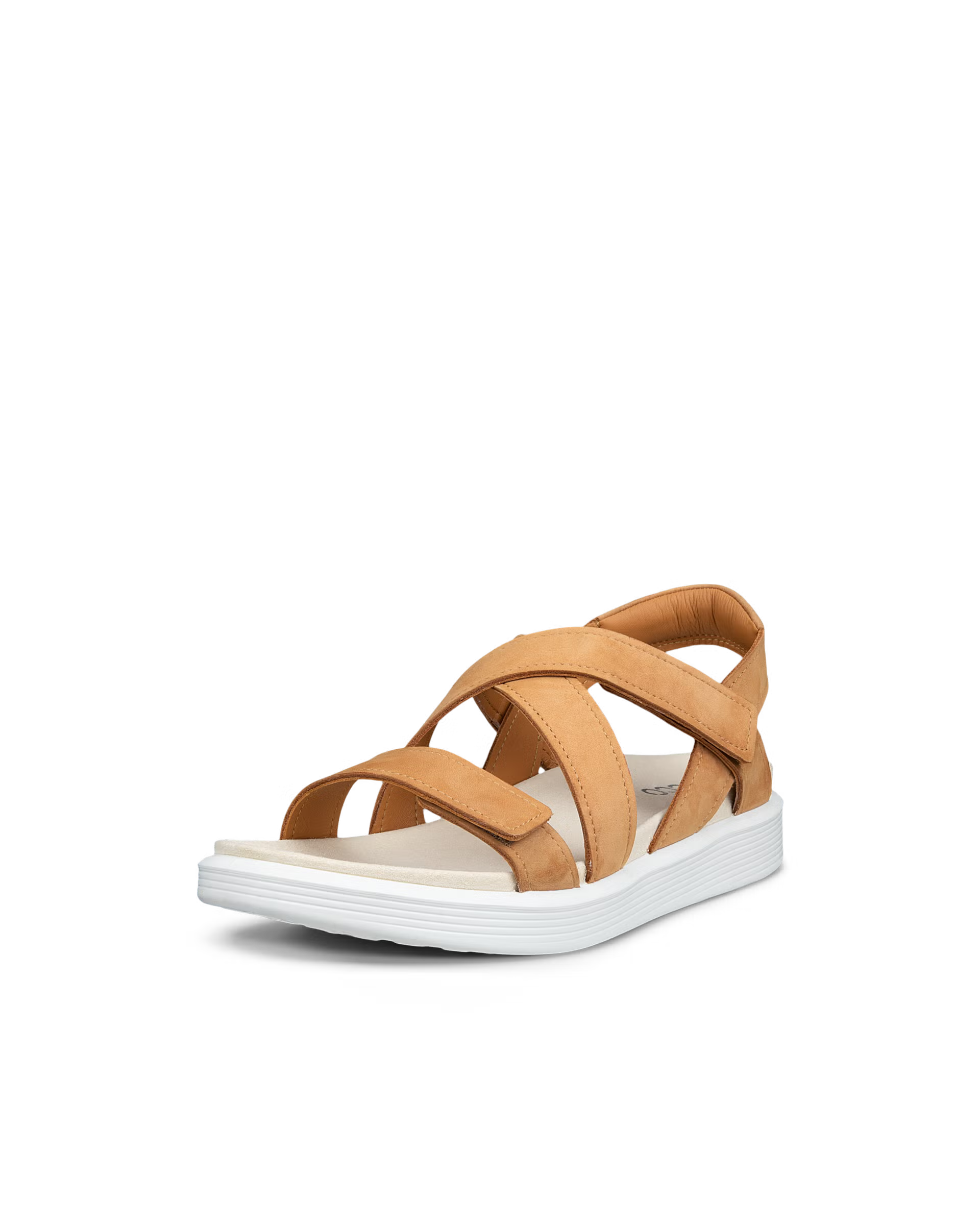Front view of leather comfort ECCO Soft Women's Two Strap brown sandal with white sole on a white background. Shop Ecco comfort shoes at Foot Sensation online store Canada.