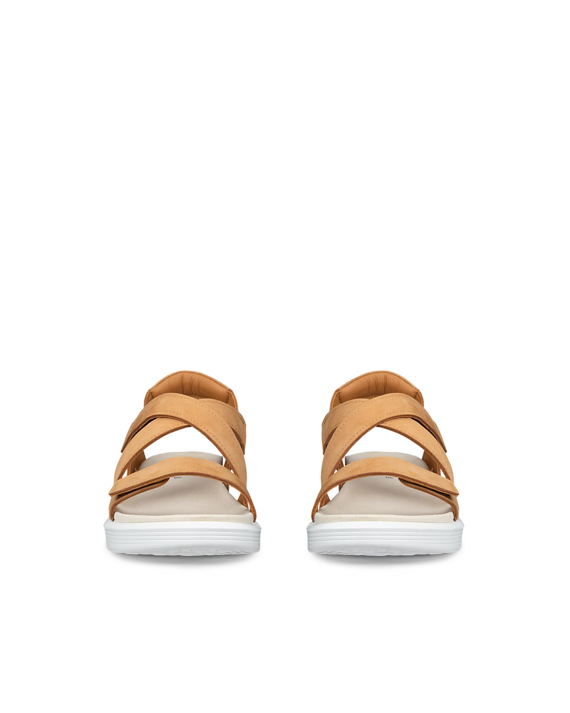 Front view of brown leather comfort ECCO Soft Womens Two Strap sandal with criss-cross straps with white sole on a transparent background. Shop Ecco shoes at Foot Sensation online store Canada.