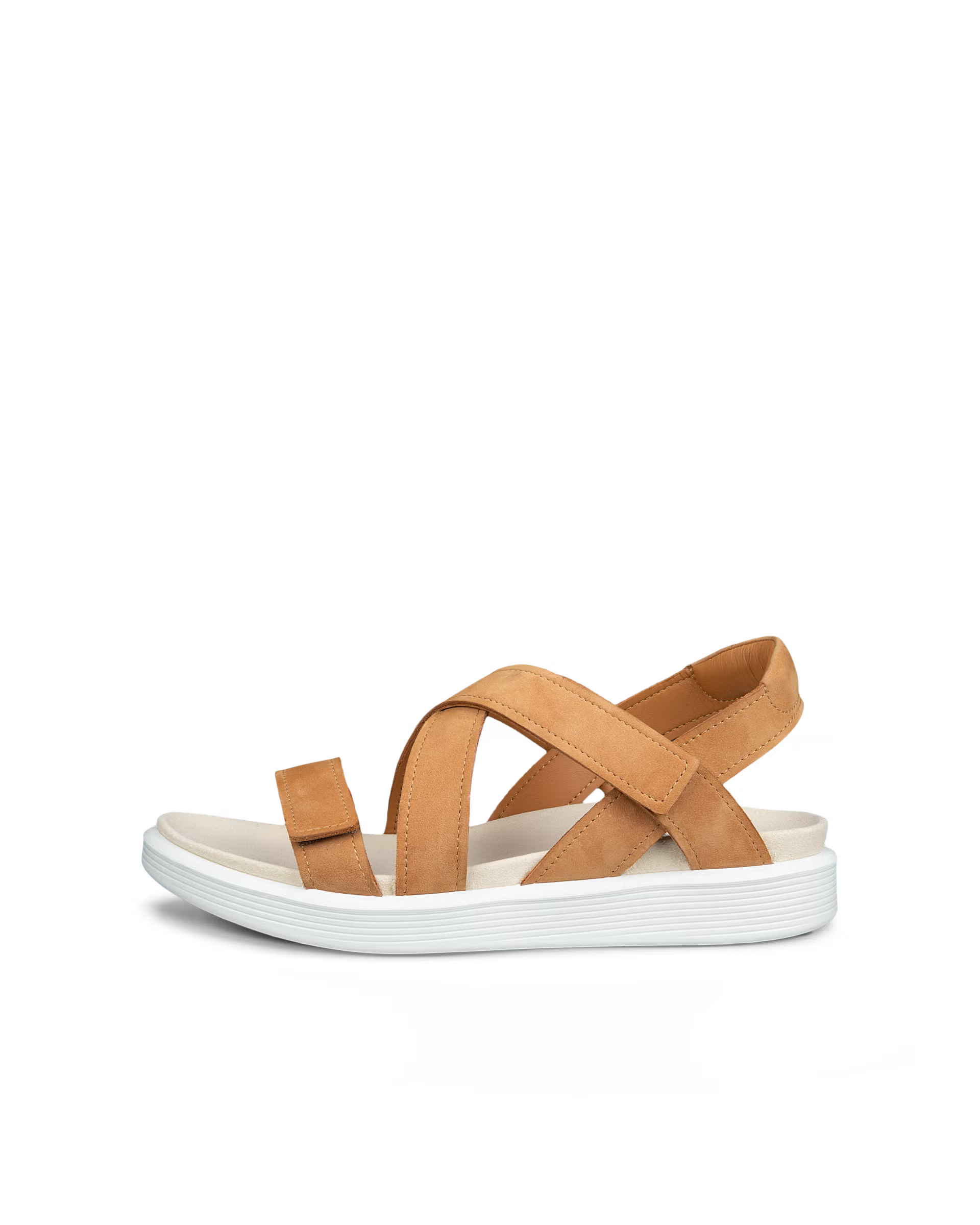Side view of brown leather comfort ECCO Soft Womens Two Strap sandal with criss-cross straps on a white background. Shop Ecco comfort shoes at Foot Sensation online store Canada.