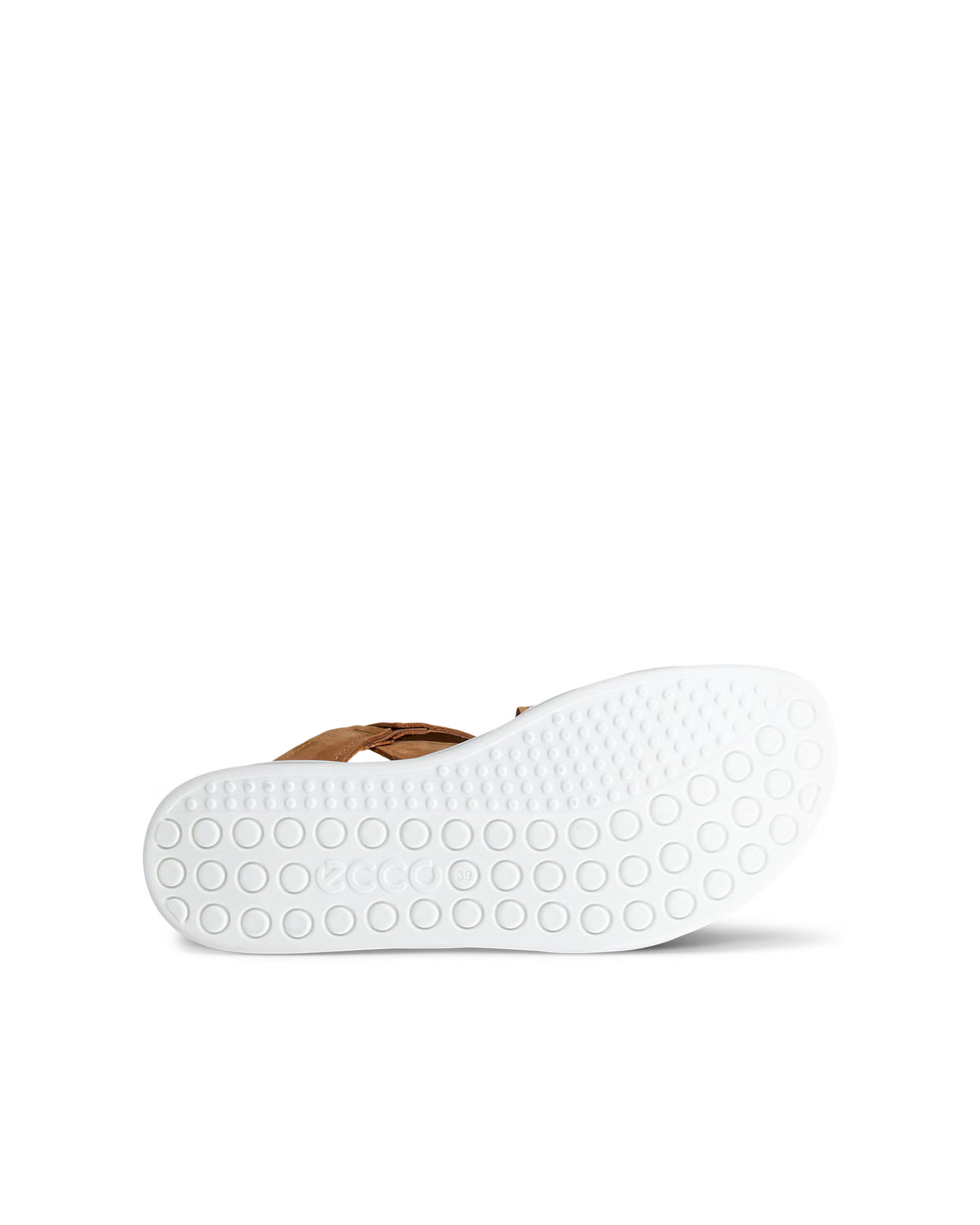 Close-up view of white sole of brown ECCO Soft Womens Two Strap sandal on a transparent background. Shop Ecco shoes at Foot Sensation online store Canada.