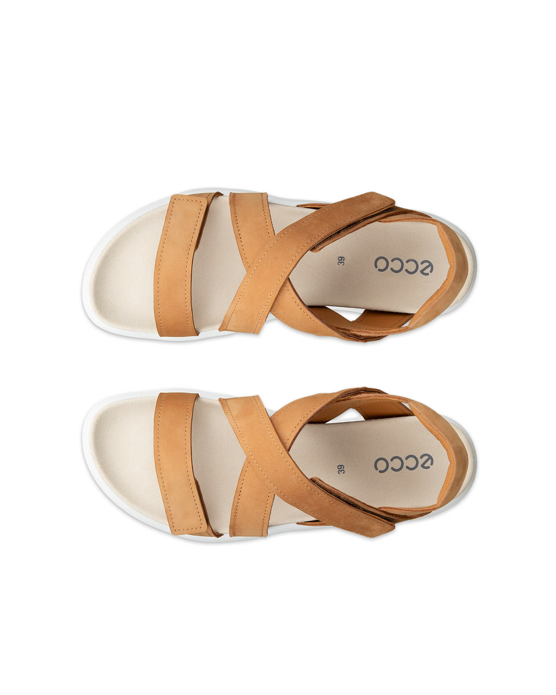 Top left view of brown leather comfort ECCO Soft Womens Two Strap sandal with criss-cross straps with white sole on a white background. Shop Ecco shoes at Foot Sensation online store Canada.