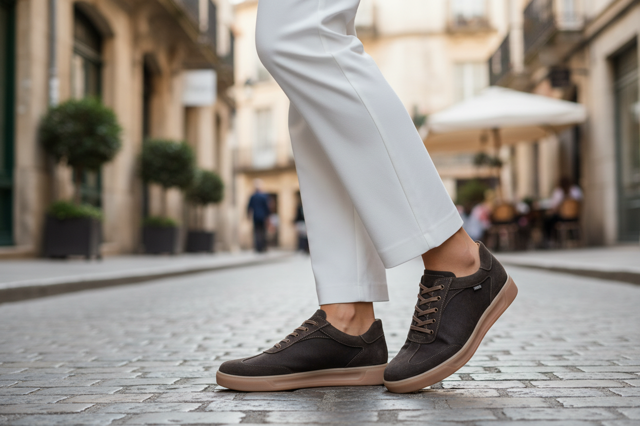Women model with pants wearing pair of dark brown FINN COMFORT Interlagos Sneaker walking in street. Finn Comfort Canada