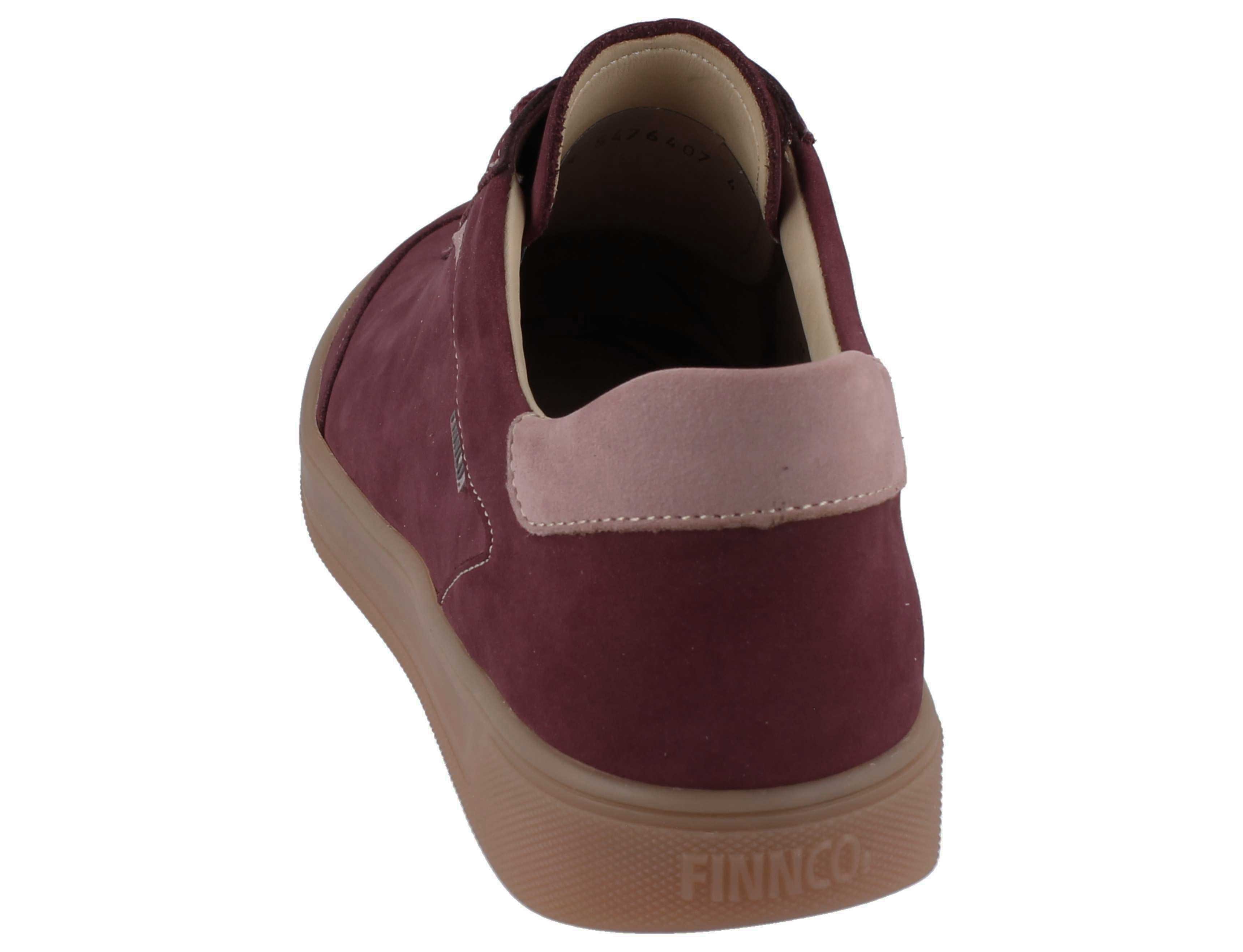 Back view of FINN COMFORT Interlagos leather Sneaker color rumba candy cherrry, comfortable removable leather-covered cork footbed supports orthopedic insole in white background.