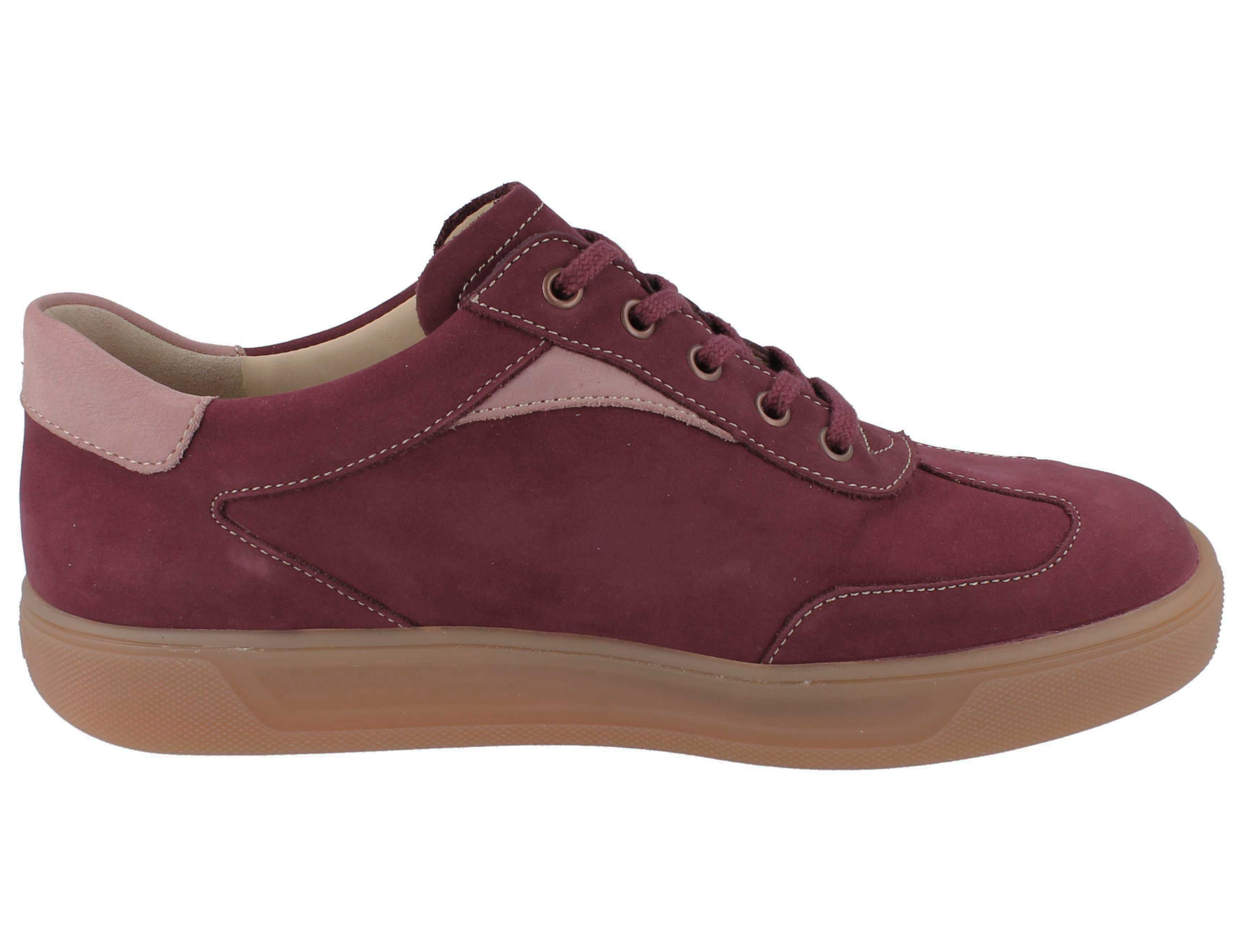Left side view of FINN COMFORT Interlagos leather Sneaker color rumba candy cherrry, comfortable footbed and arch support in white background.