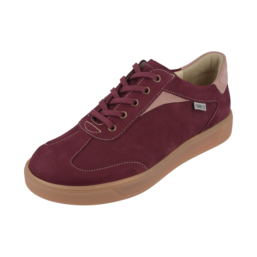 Side view of FINN COMFORT Interlagos leather Sneaker color rumba candy cherrry, comfortable with adjustable lacing and arch support in wihite background.