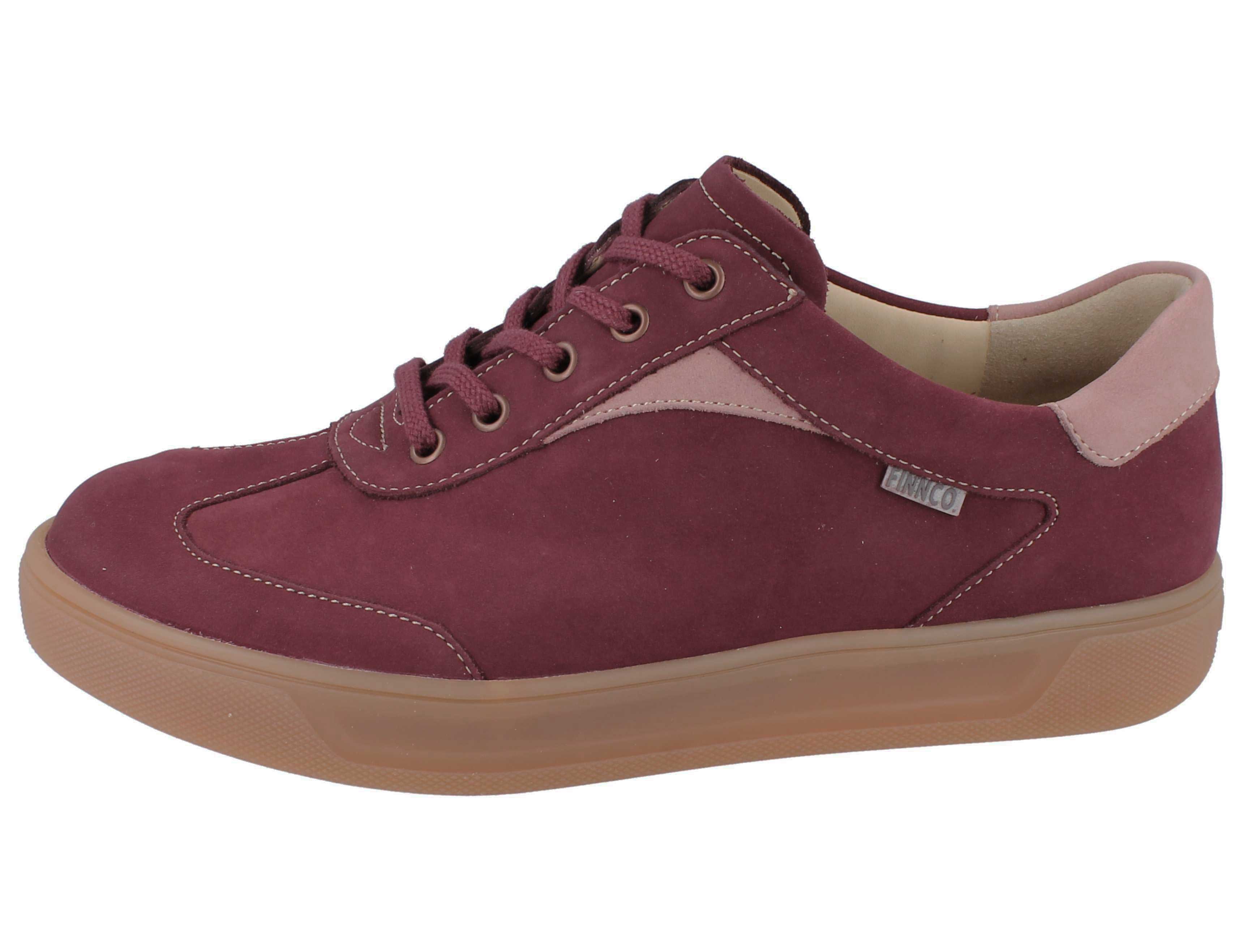 Right side view of FINN COMFORT Interlagos leather Sneaker color rumba candy cherrry, comfortable with adjustable lacing in white background.