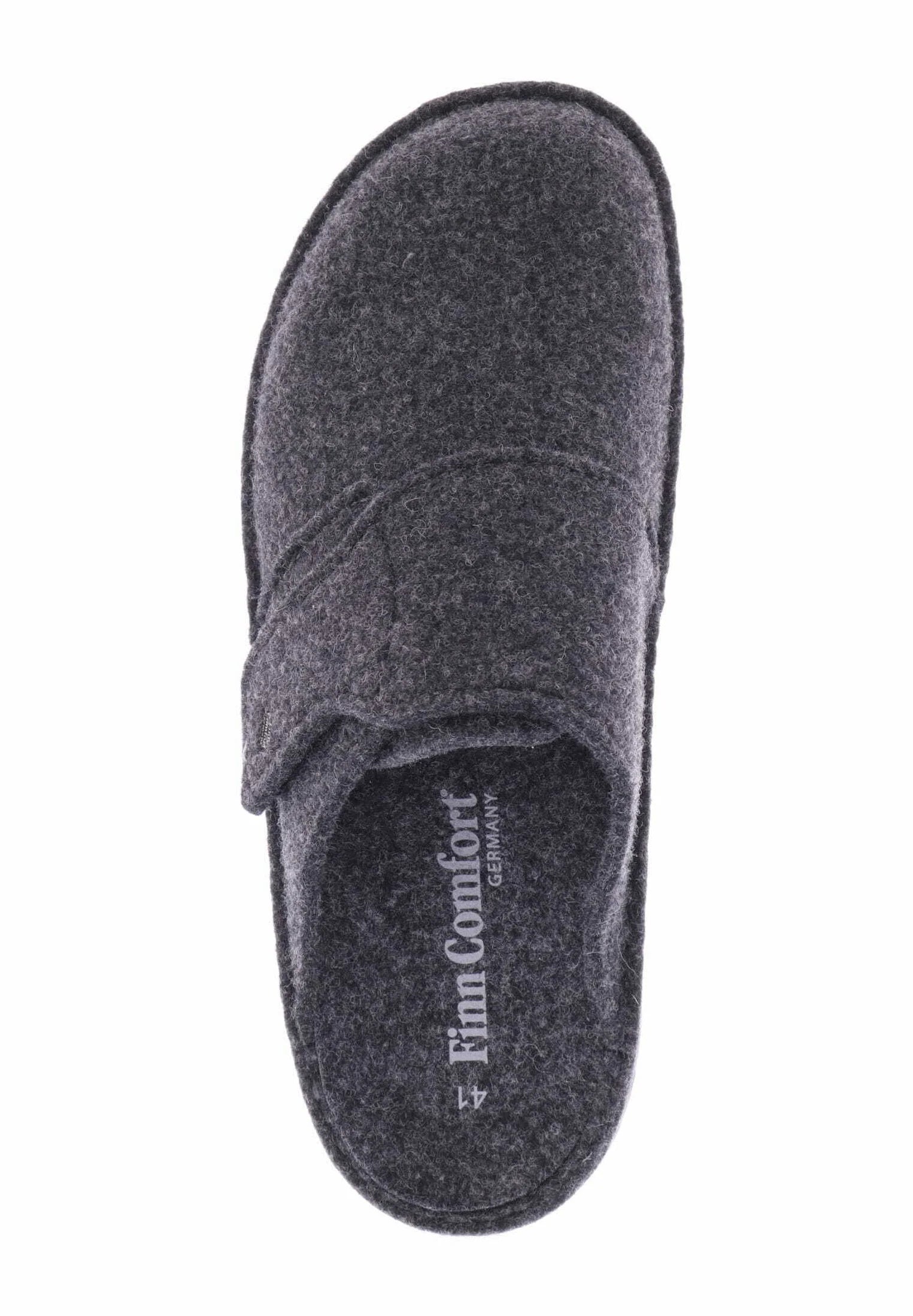 Gray slipper with 'Finn Comfort' branding on a white background