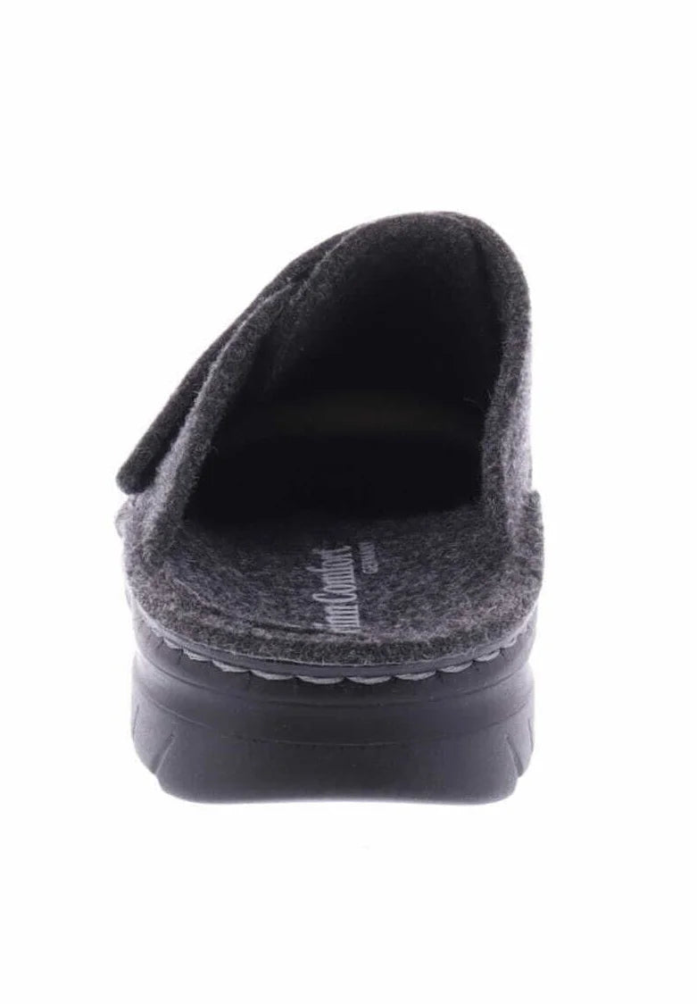 Gray slipper with a brand logo on a white background
