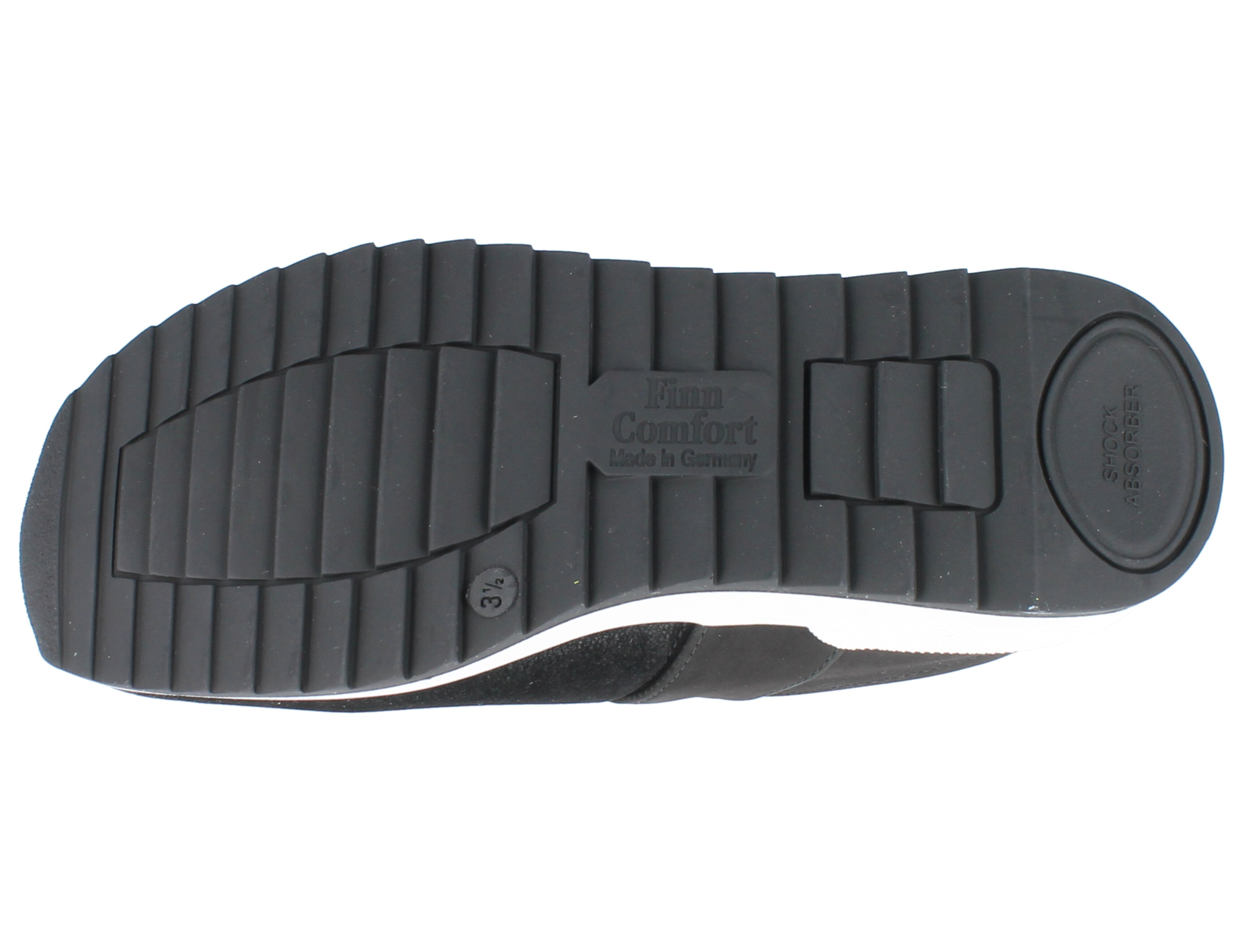 Finn Comfort Assenza Black Mary Jane outsole view Velcro strap support and forefoot comfort.