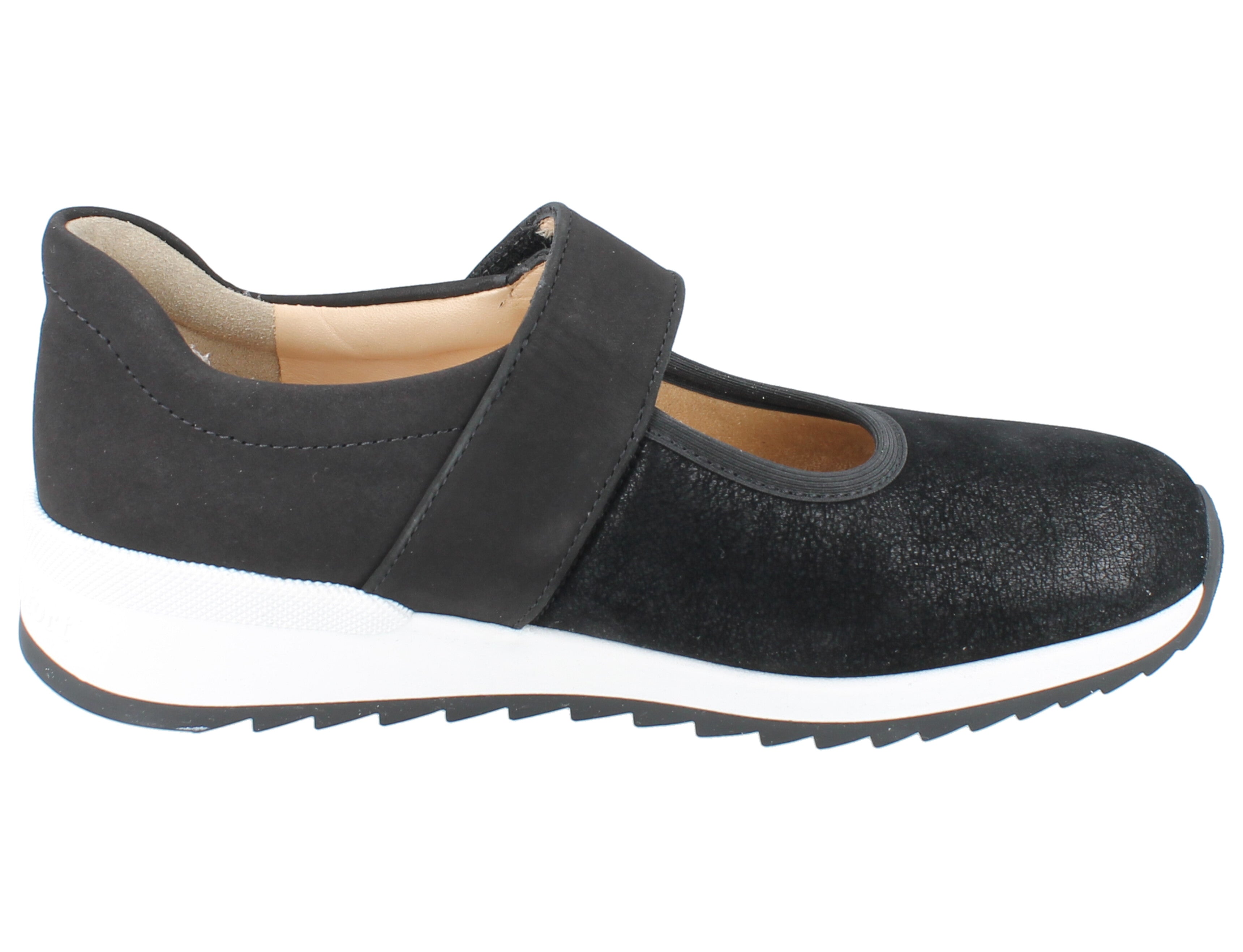 Finn Comfort Assenza Black Mary Jane right view Velcro strap support on a white background