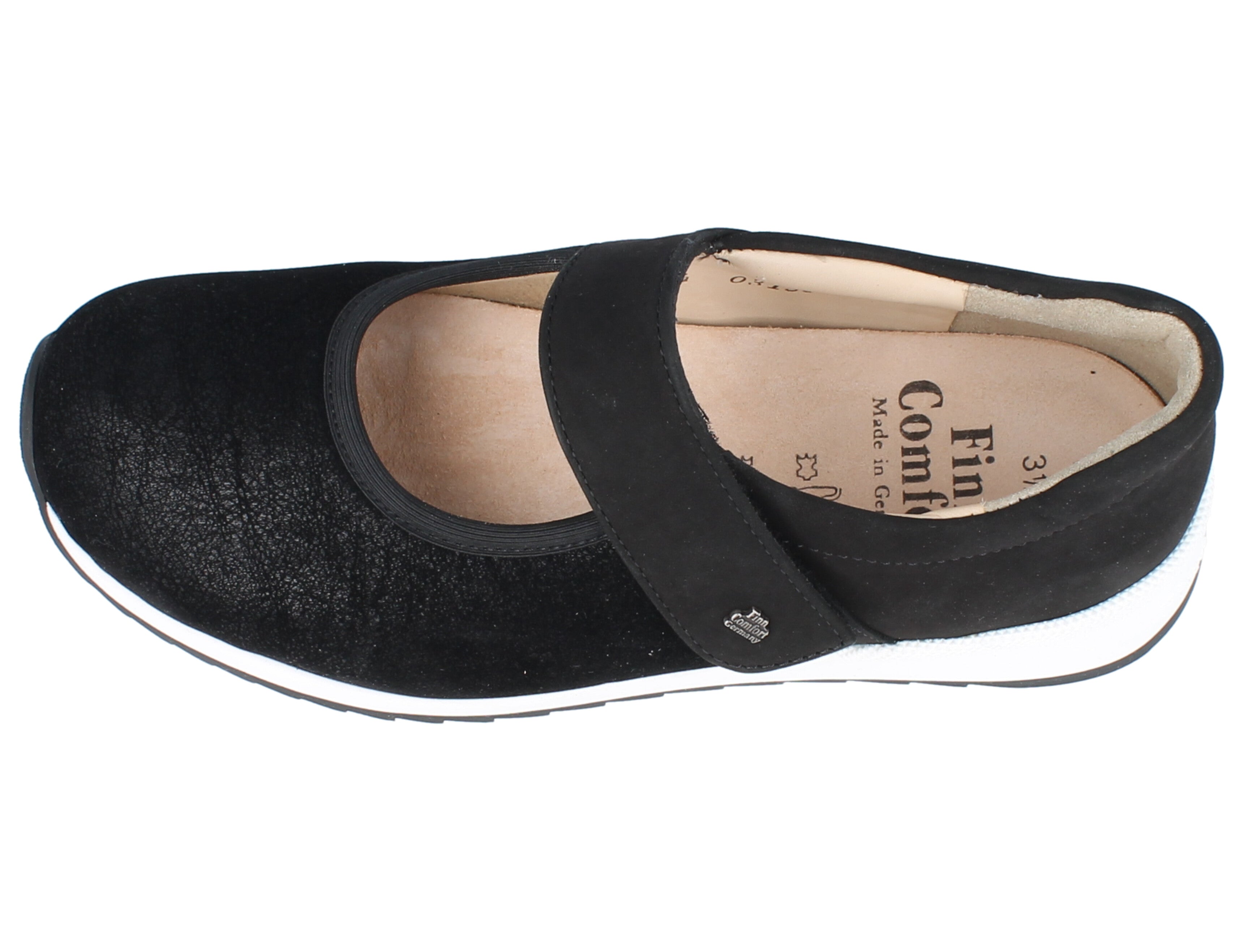 Finn Comfort Assenza Black Mary Jane top view Velcro strap support on a white background