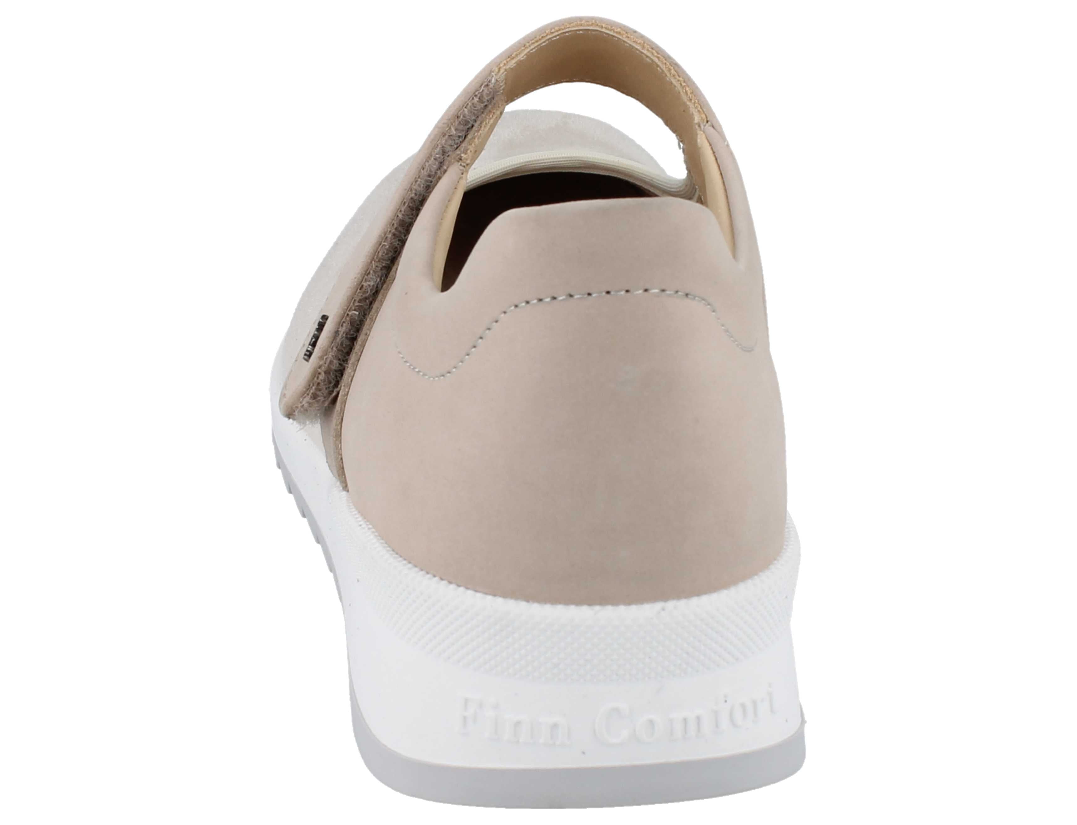 Back view of Finn Comfort Assenza Beige Mary Jane stretch forefoot comfort velcro strap support with a white sole.