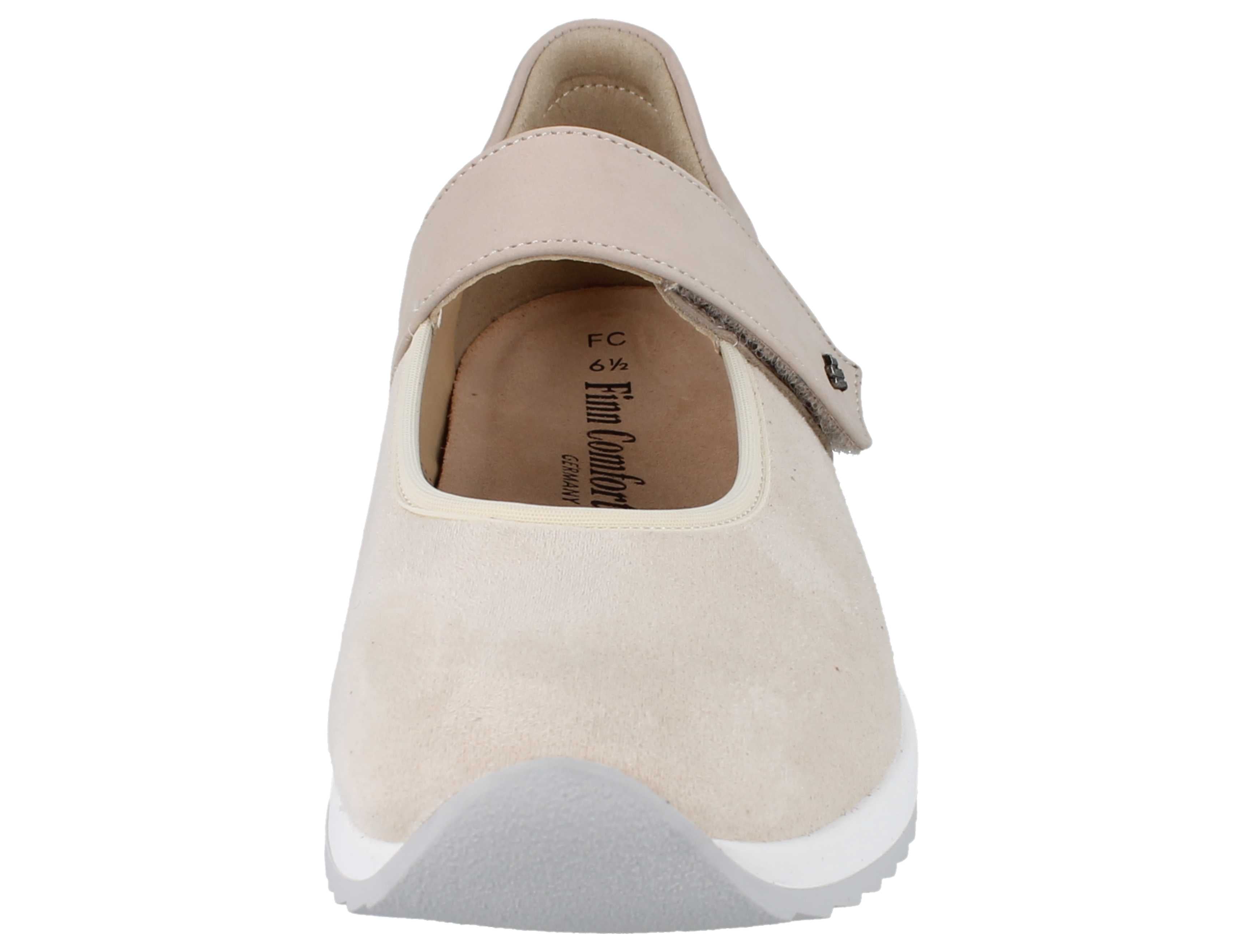 Front view of Finn Comfort Assenza Beige Mary Jane removable footbed velcro strap support with a white sole.