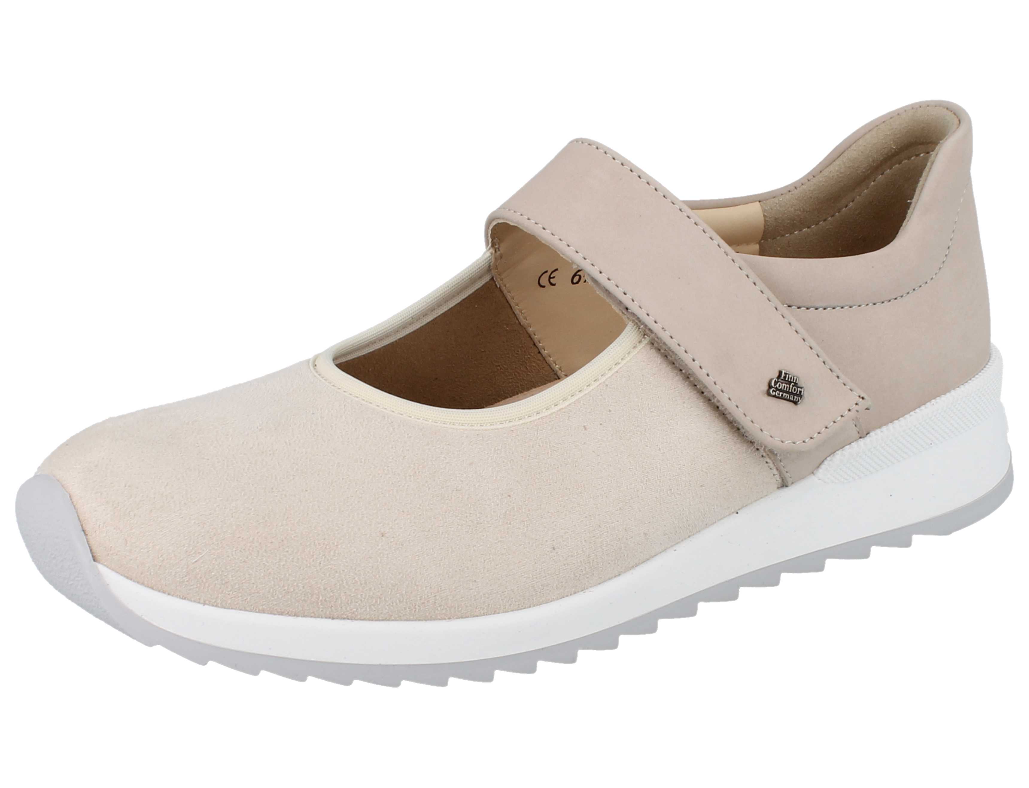 Finn Comfort Assenza Beige Mary Jane front view Velcro strap support with a white sole.