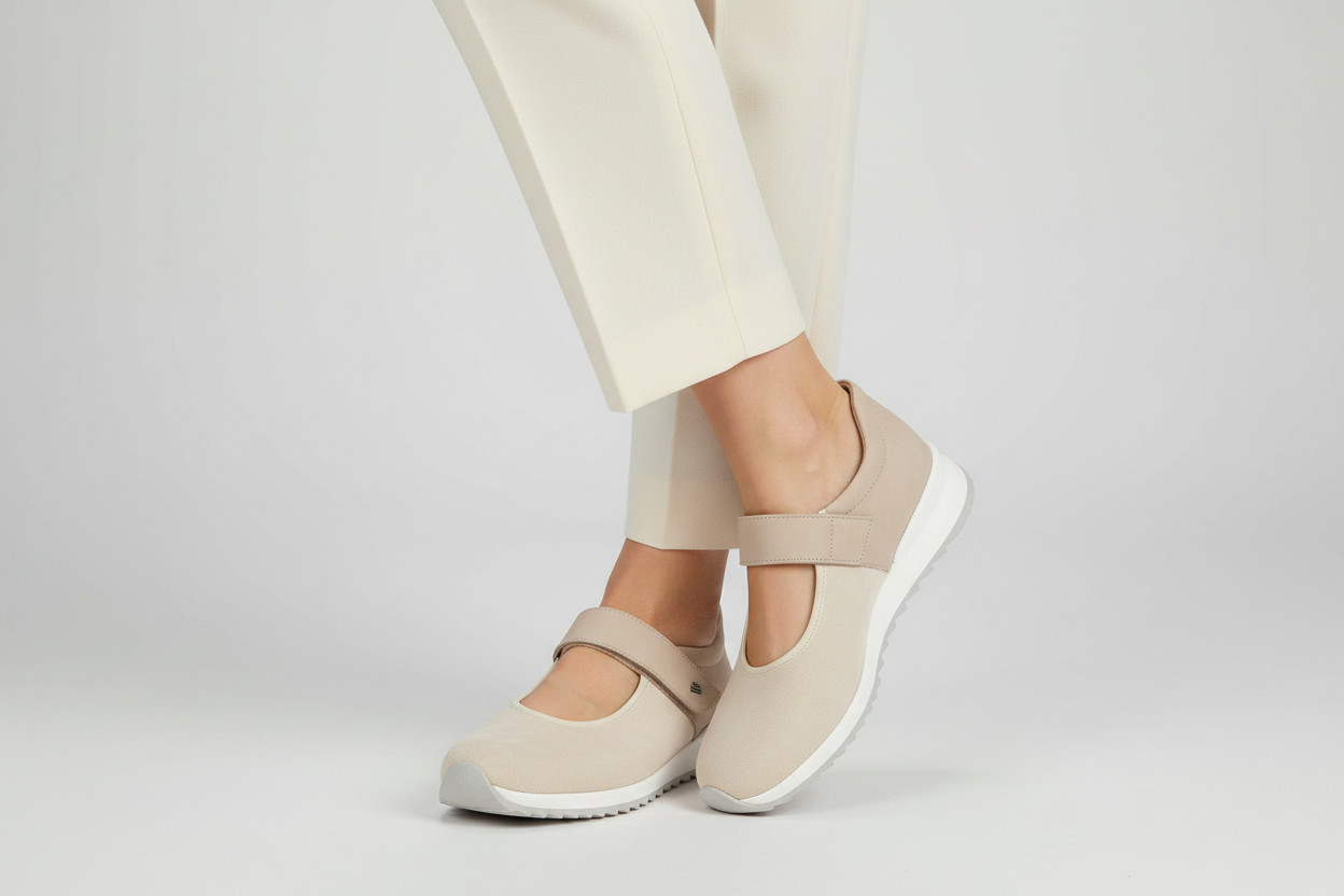 Finn Comfort Assenza beige Mary Jane shoe worn with light-colored pants on a plain background.