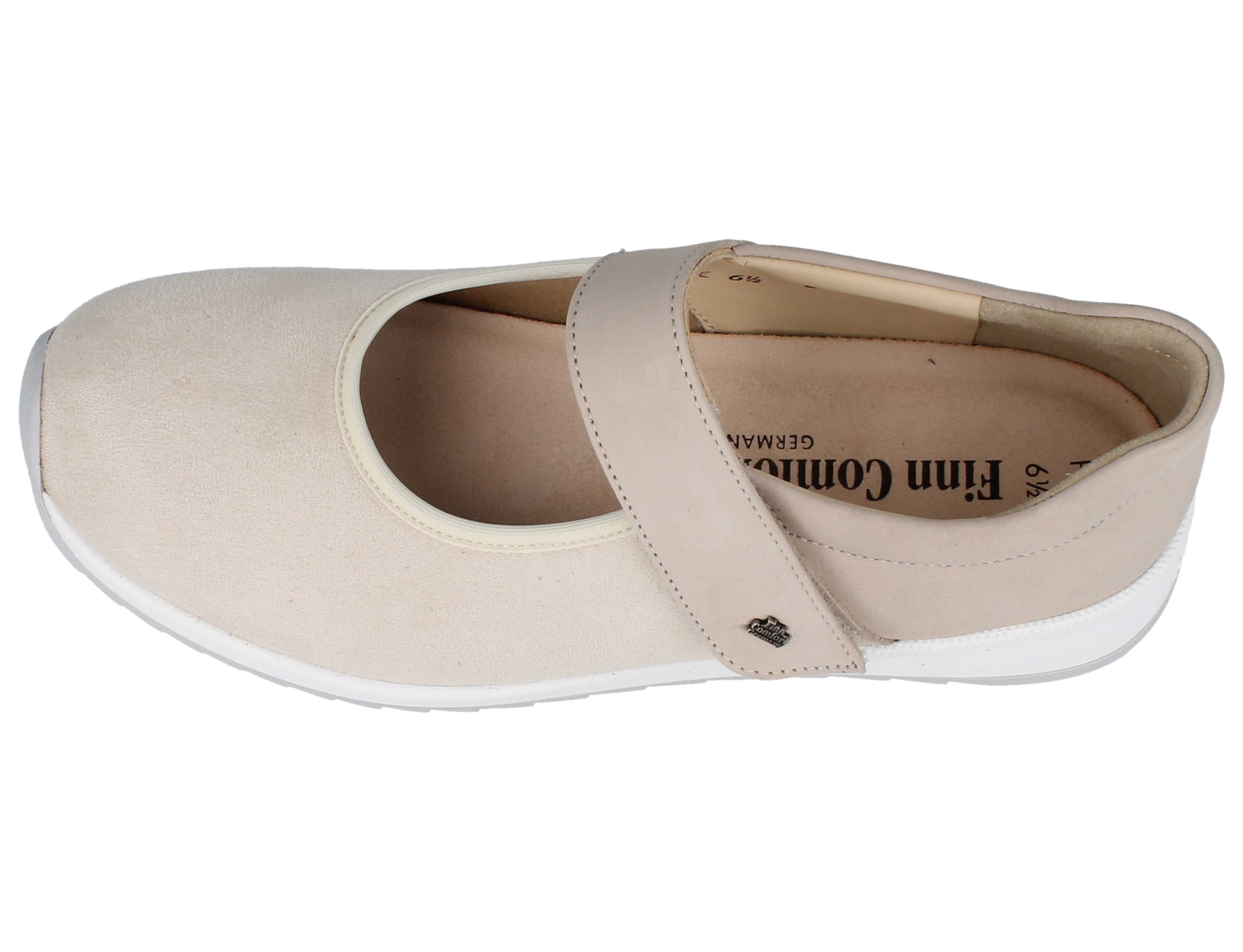 Finn Comfort Assenza Beige Mary Jane top view Velcro strap support with a white sole.