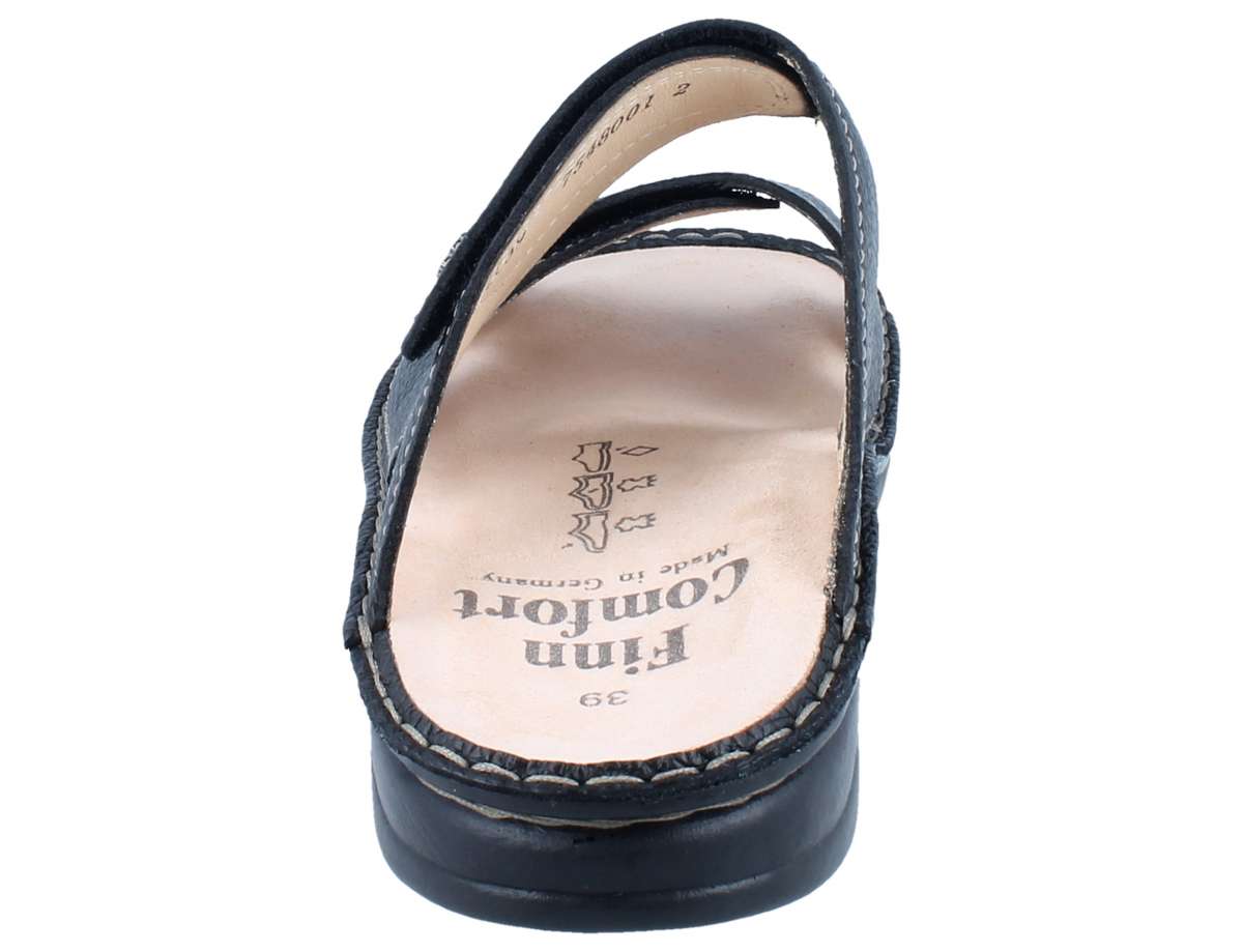Back View of Black Finn Comfort Danzig Soft Footbed leather sandal with adjustable with visible brand name on a white background.