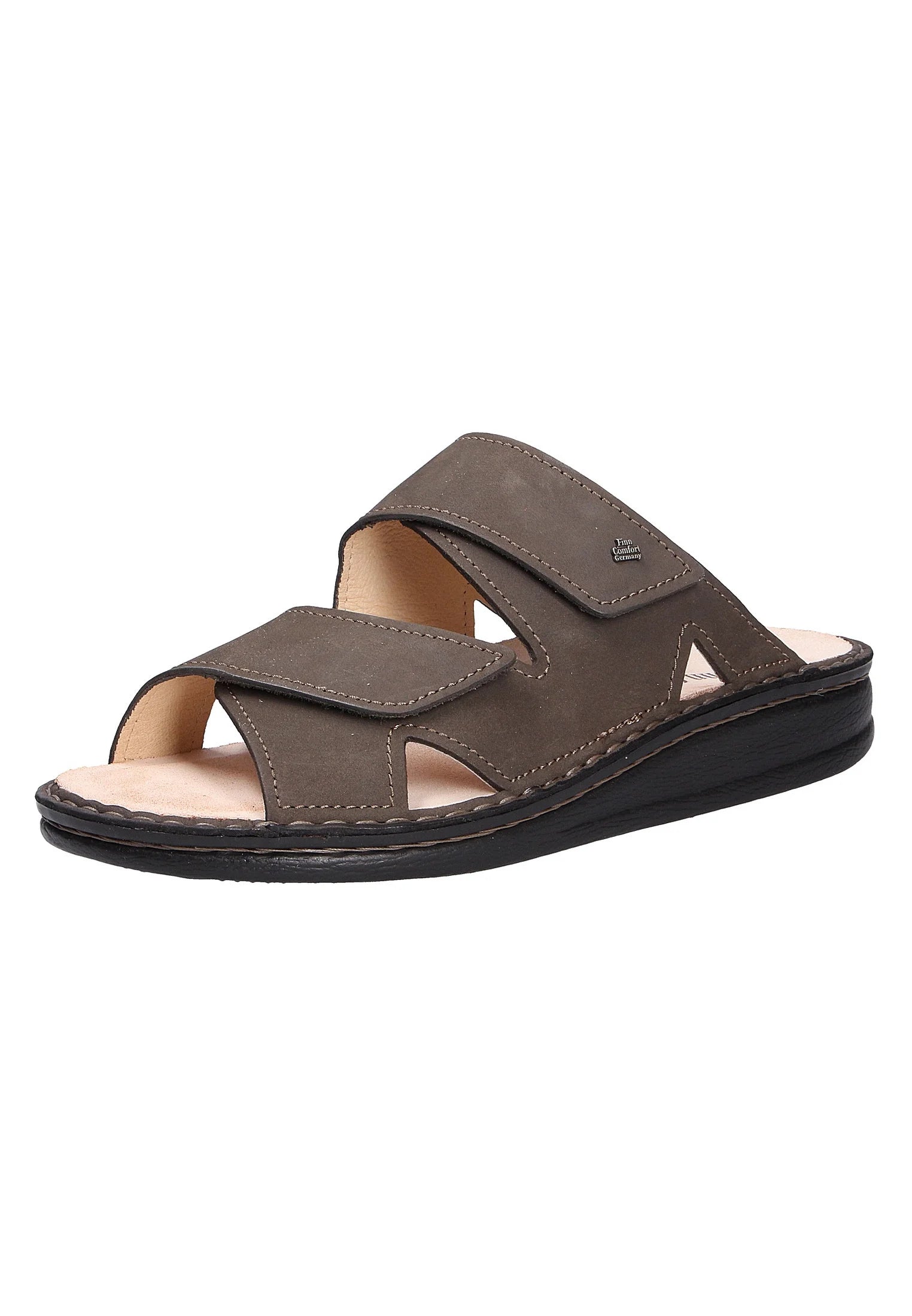 Front Side View of mud brown gray color Finn Comfort Danzig Soft Footbed leather sandal with adjustable velcro straps on a white background