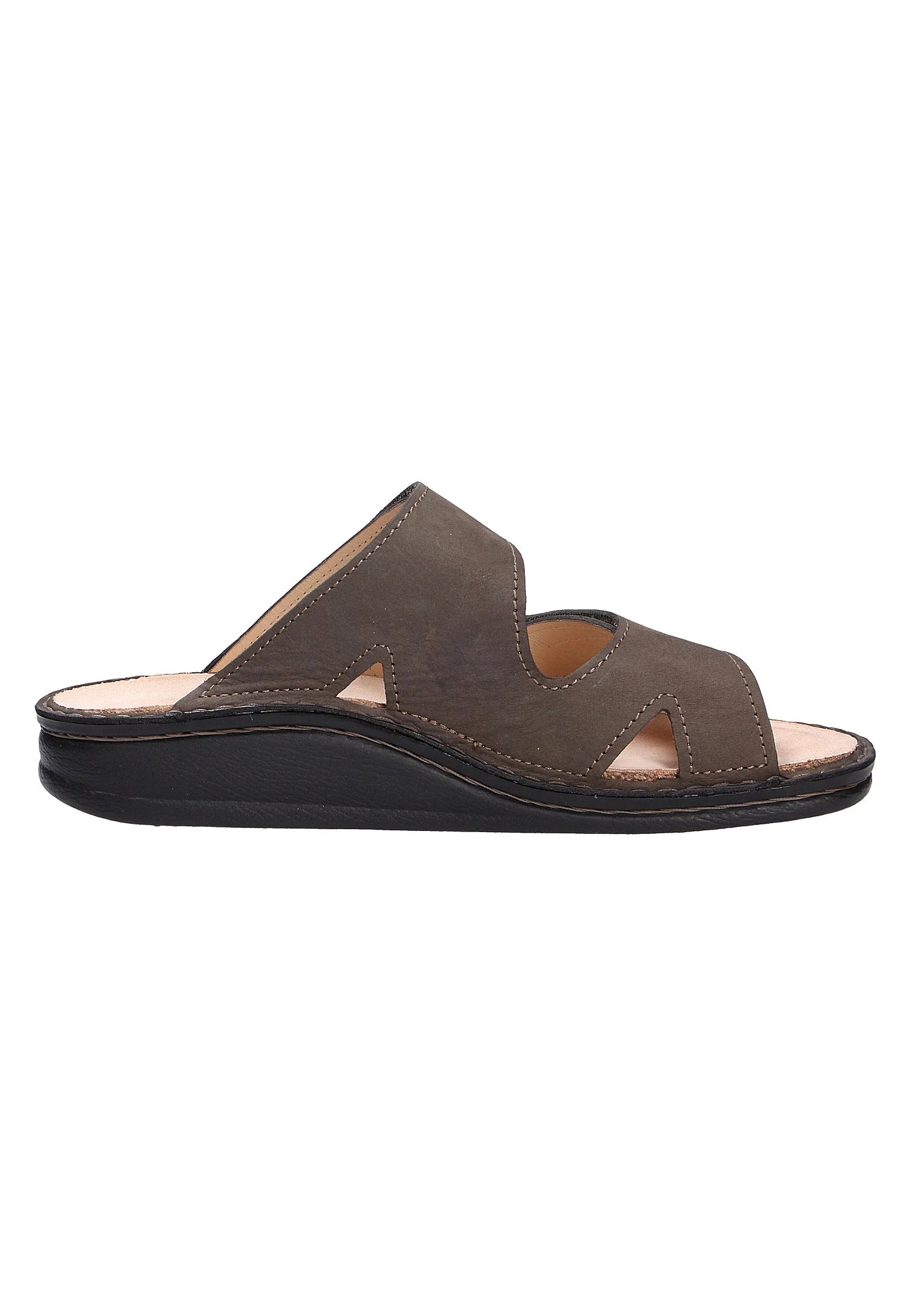 Right side view of Brown Finn Comfort Danzig Soft Footbed leather sandal with adjustable velcro straps on white background.