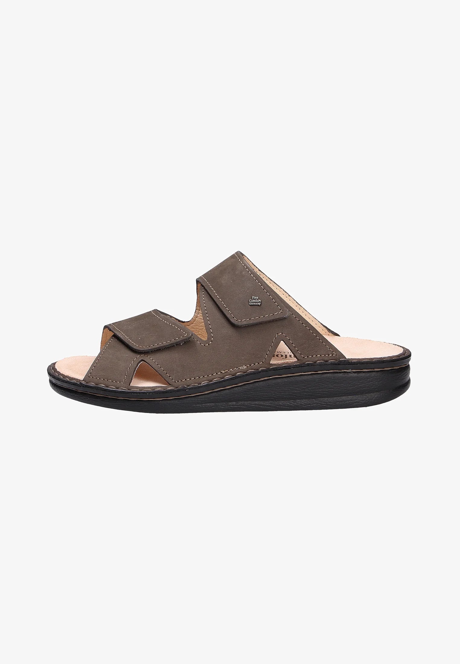 Left side view of Brown Finn Comfort Danzig Soft Footbed leather sandal with adjustable velcro straps on white background.