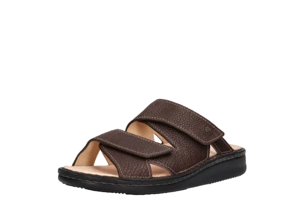 Front Side View of brown Finn Comfort Danzig Soft Footbed leather sandal with adjustable on a white background.