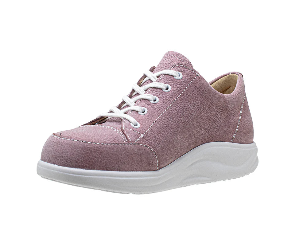 Finn Comfort Womens's Pink sneaker with white laces on a white background