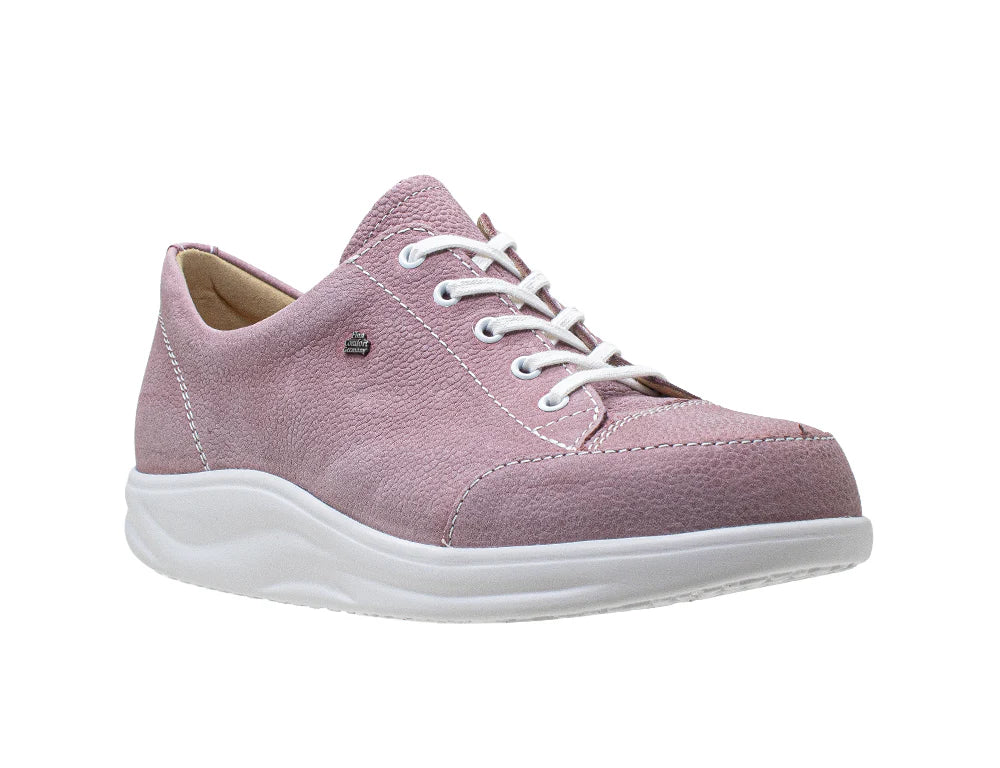 Finn Comfort Womens's Pink sneaker with white laces on a white background
