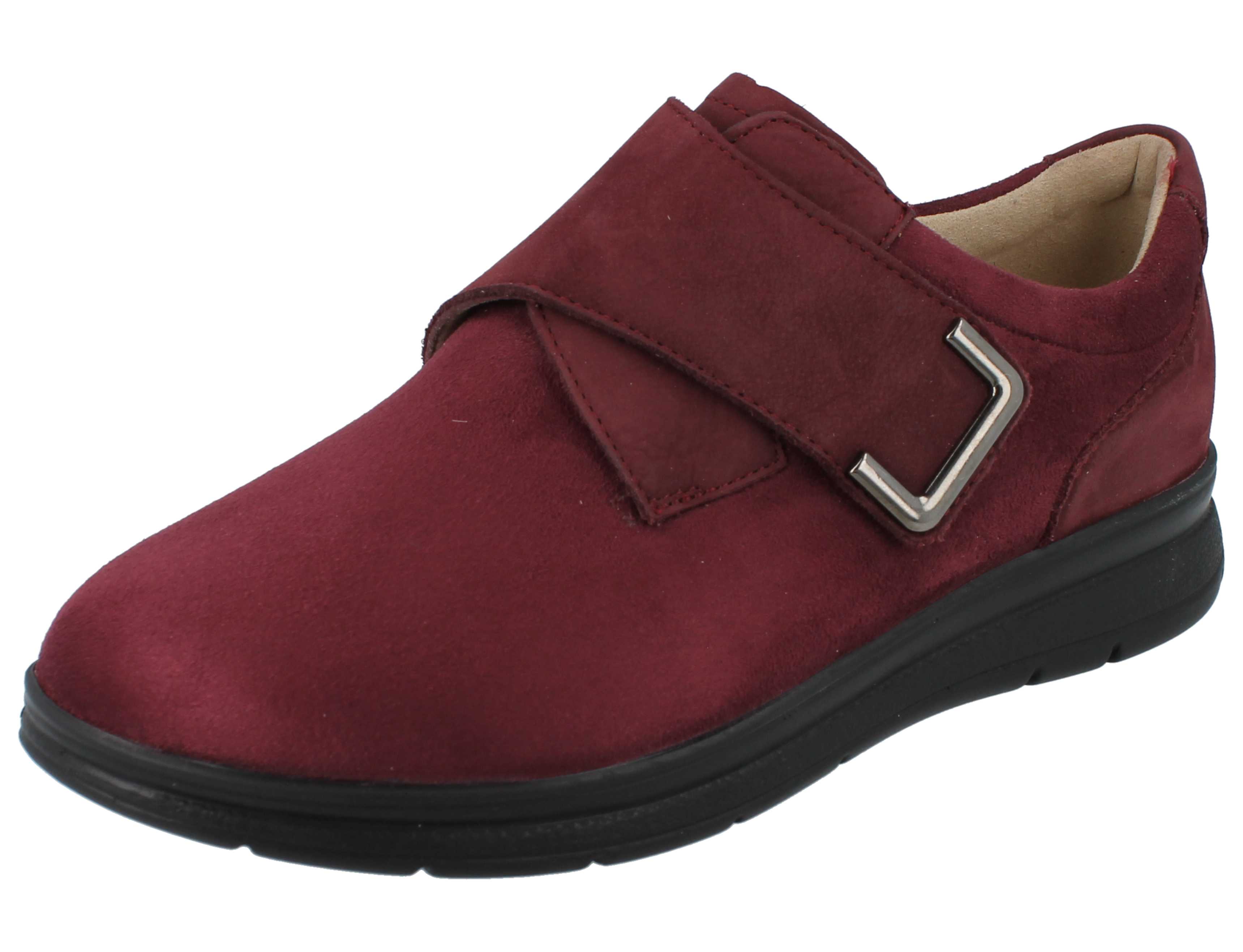 Finn Comfort Neiva Bordeaux shoe with a buckle on a white background