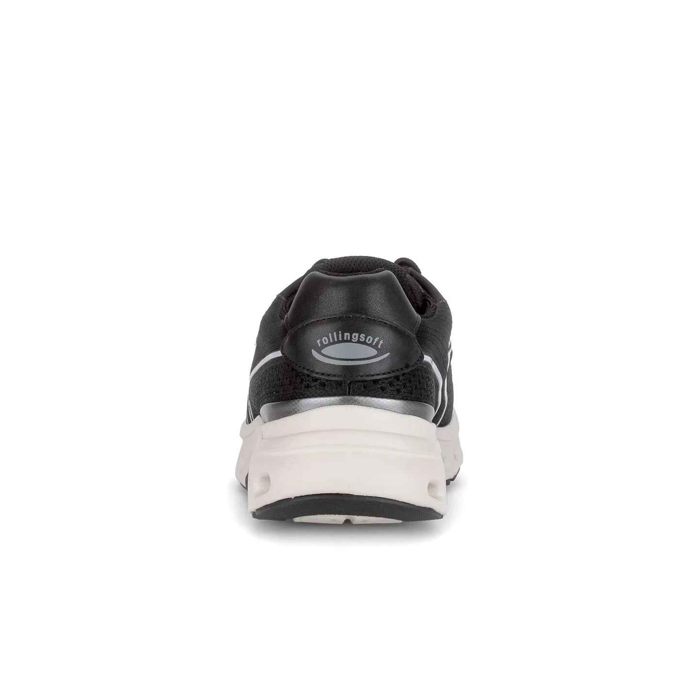 Back view of Gabor Rollingsoft women’s black running sneakers with lightweight sole and comfort walking technology with white sole on a white background.