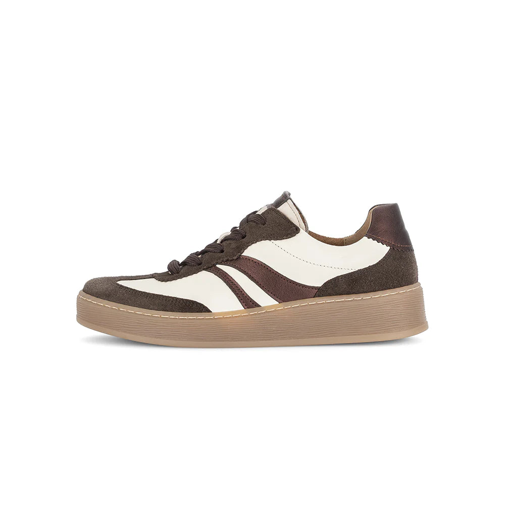 Left side view of brown and white gabor sneaker on a white background