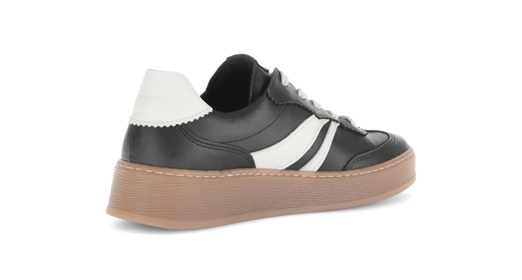 Black and white Gabor sneaker with a brown sole on a white background