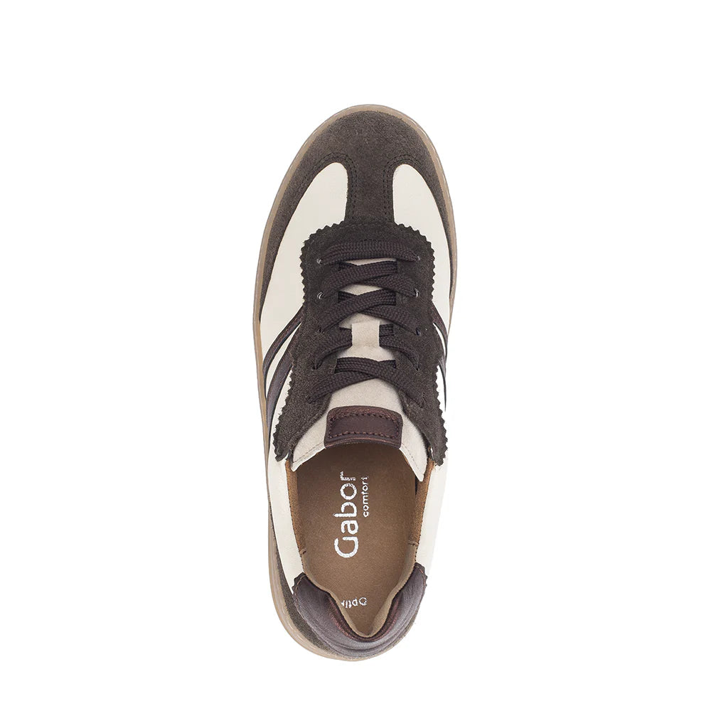 Top view of a Gabor sneaker with brown and white color scheme on a white background