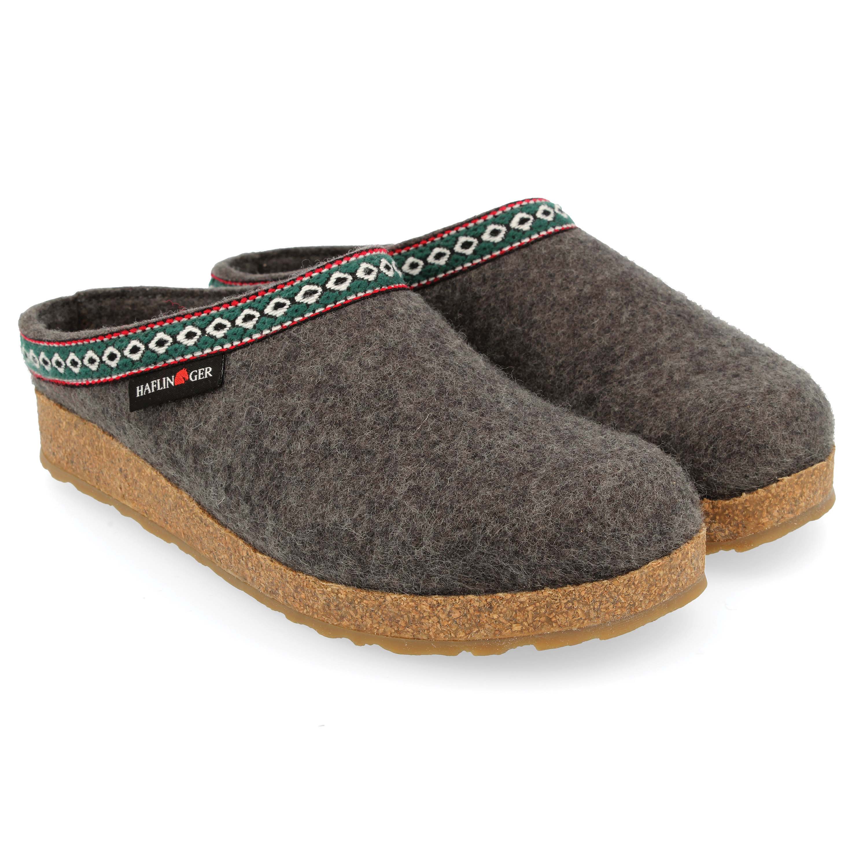 Pair of HAFLINGER CLASSIC GRIZZLY SLIPPERS GREY gray slippers with a decorative strap on a white background