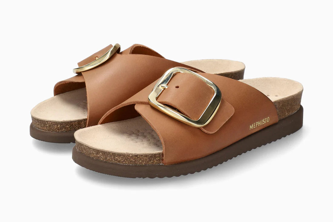 Brown sandals Mephisto HARIANA with gold buckles on a white background