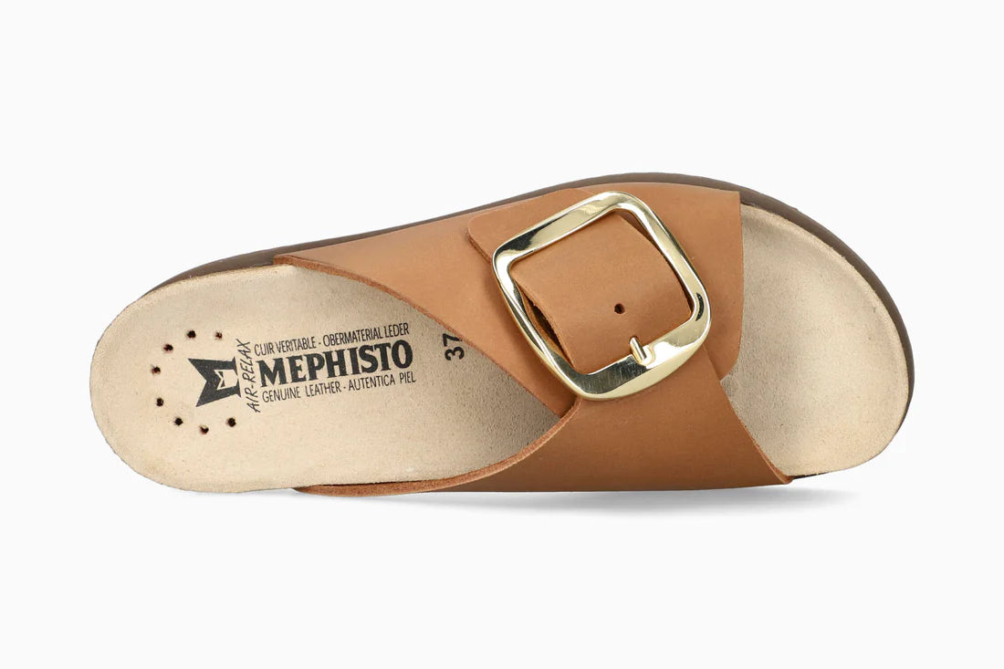 Tan sandal Mephisto HARIANA with a gold buckle on a white background
