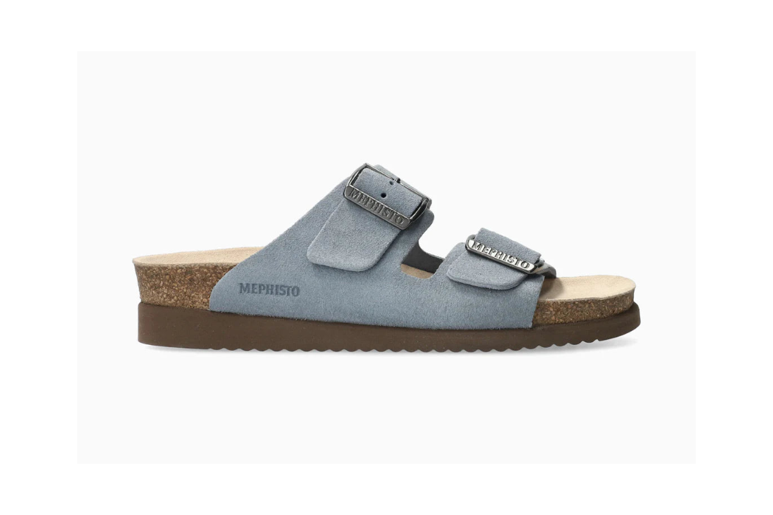 Blue sandal with brown sole on a white background