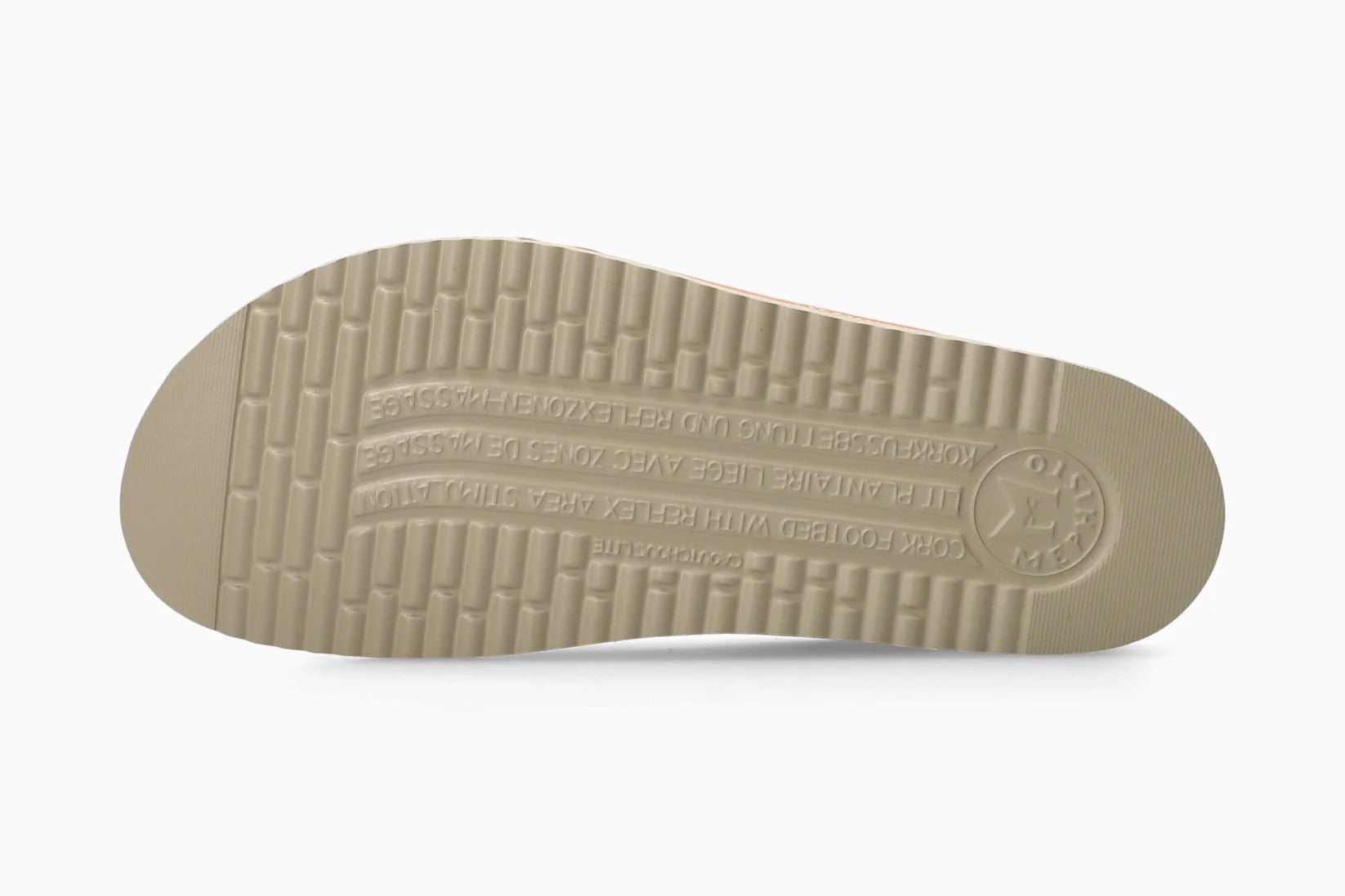 Close-up of a beige shoe sole of MEPHISTO Chili Red with brand Mephisto logo on a white background