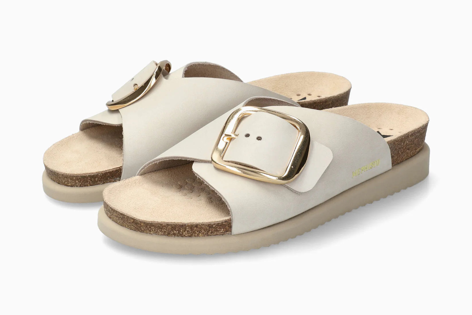 Pair of MEPHISTO Hariana Fog Silk sandals with gold buckles on a white background