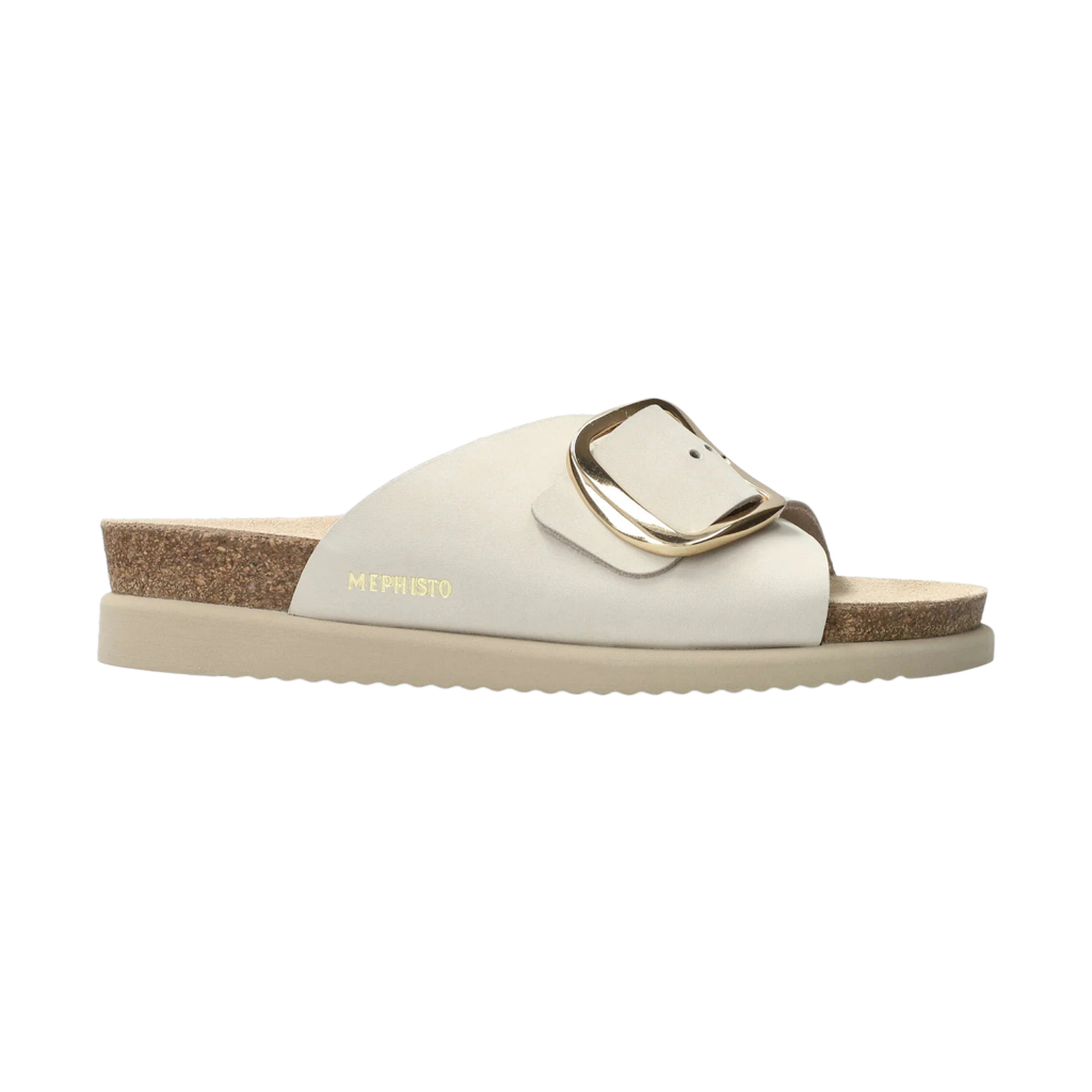 MEPHISTO Hariana Fog Silk Sandal sandal with a gold buckle on a white background