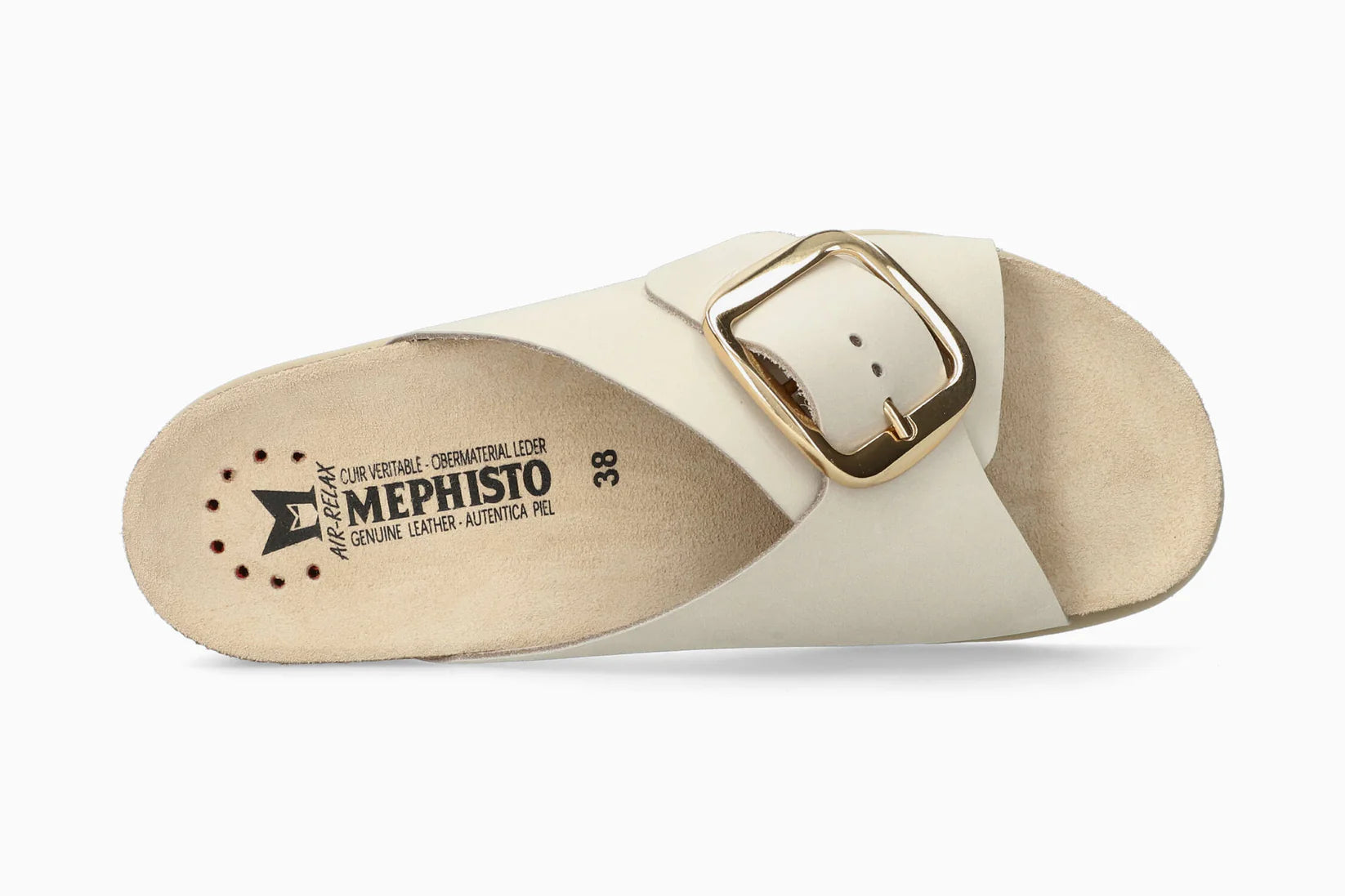 MEPHISTO Hariana Fog Silk sandal with a gold buckle on a white background, featuring Mephisto branding.