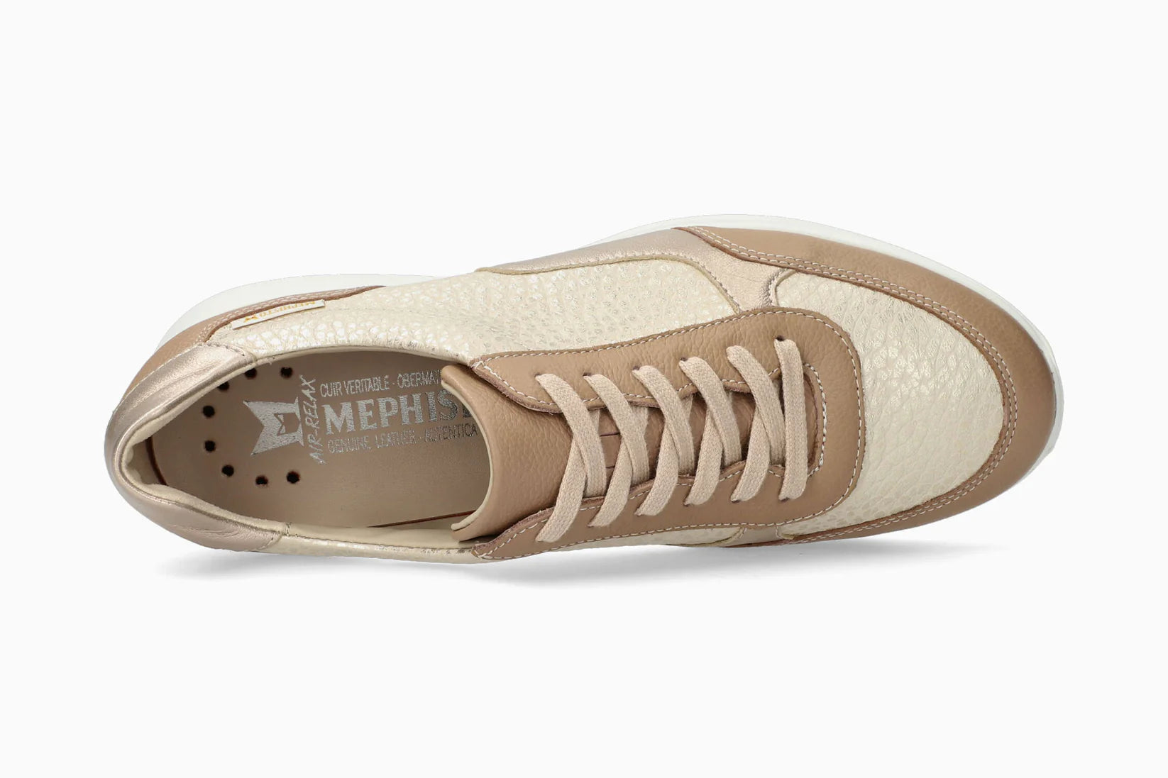 Mephisto Mendy women’s sneaker light taupe side view. Shop now at Foot Sensation.